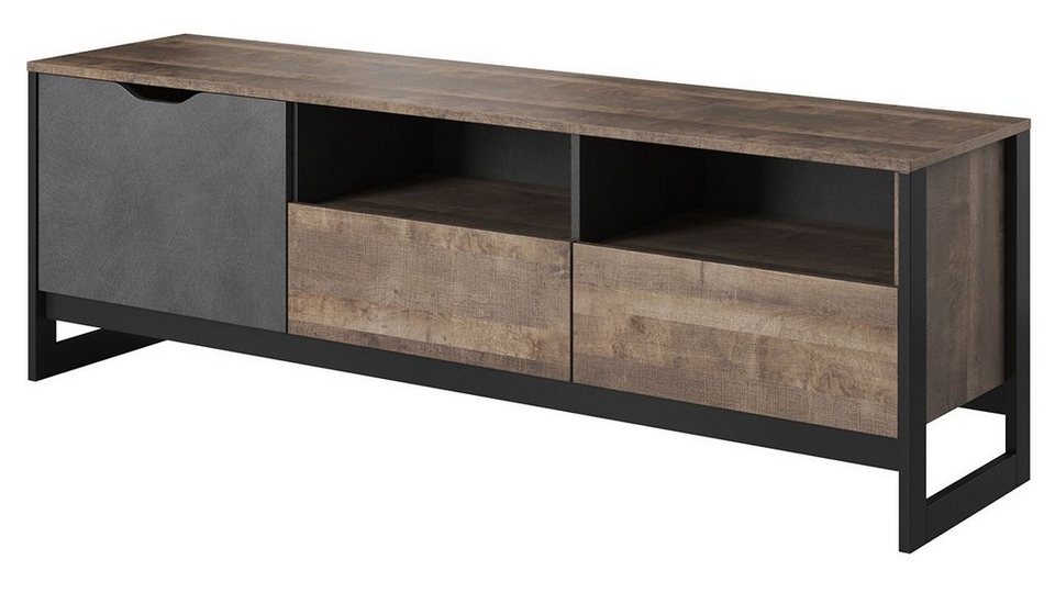 MIRJAN24 TV-Schrank 160 Arden C (mit Klappe und 2 Schubladen) Schwarz Füße,  161x40x53 cm