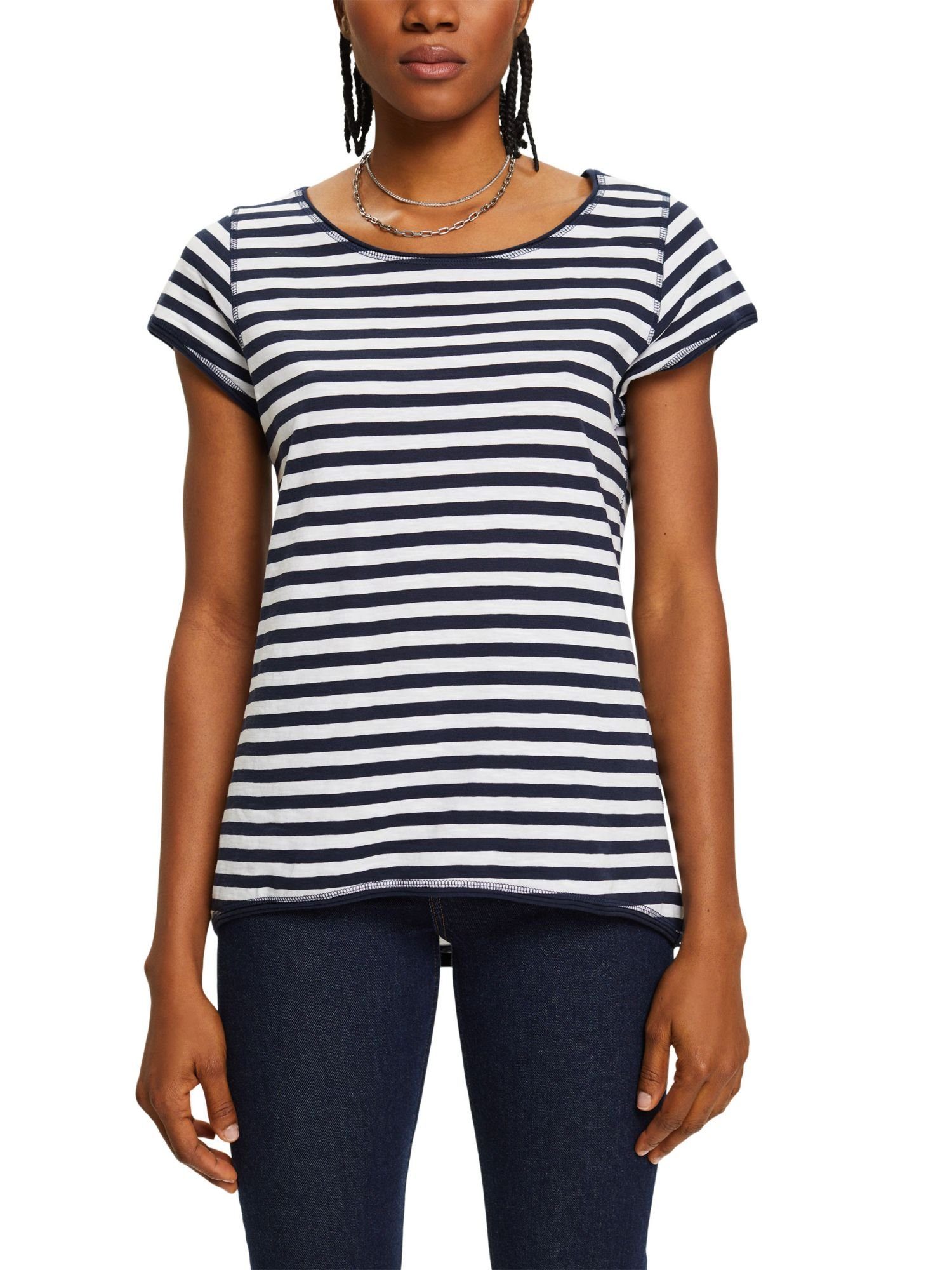 Streifen-T-Shirt mit Rollkanten T-Shirt NAVY (1-tlg) Esprit