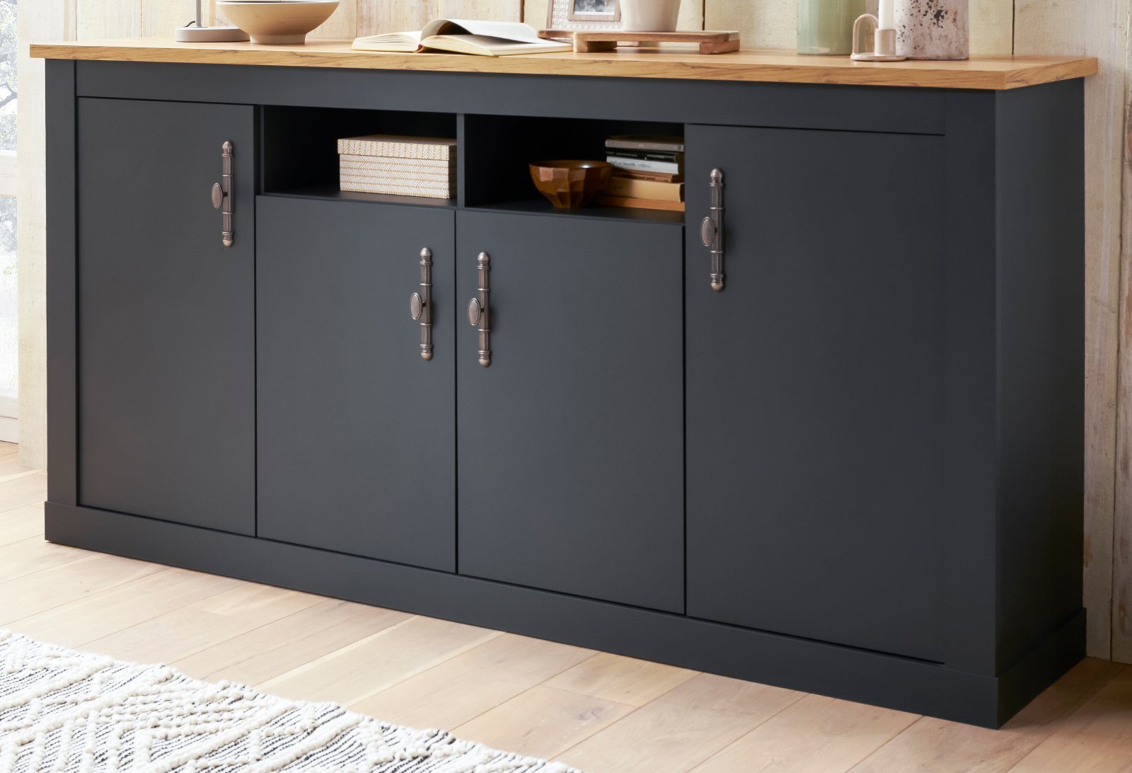 Furn.Design Sideboard Ribera (Kommode in grau mit Wotan Eiche, 4-türig, 200 x 104 cm), mit Metallgriffen und Soft-Close