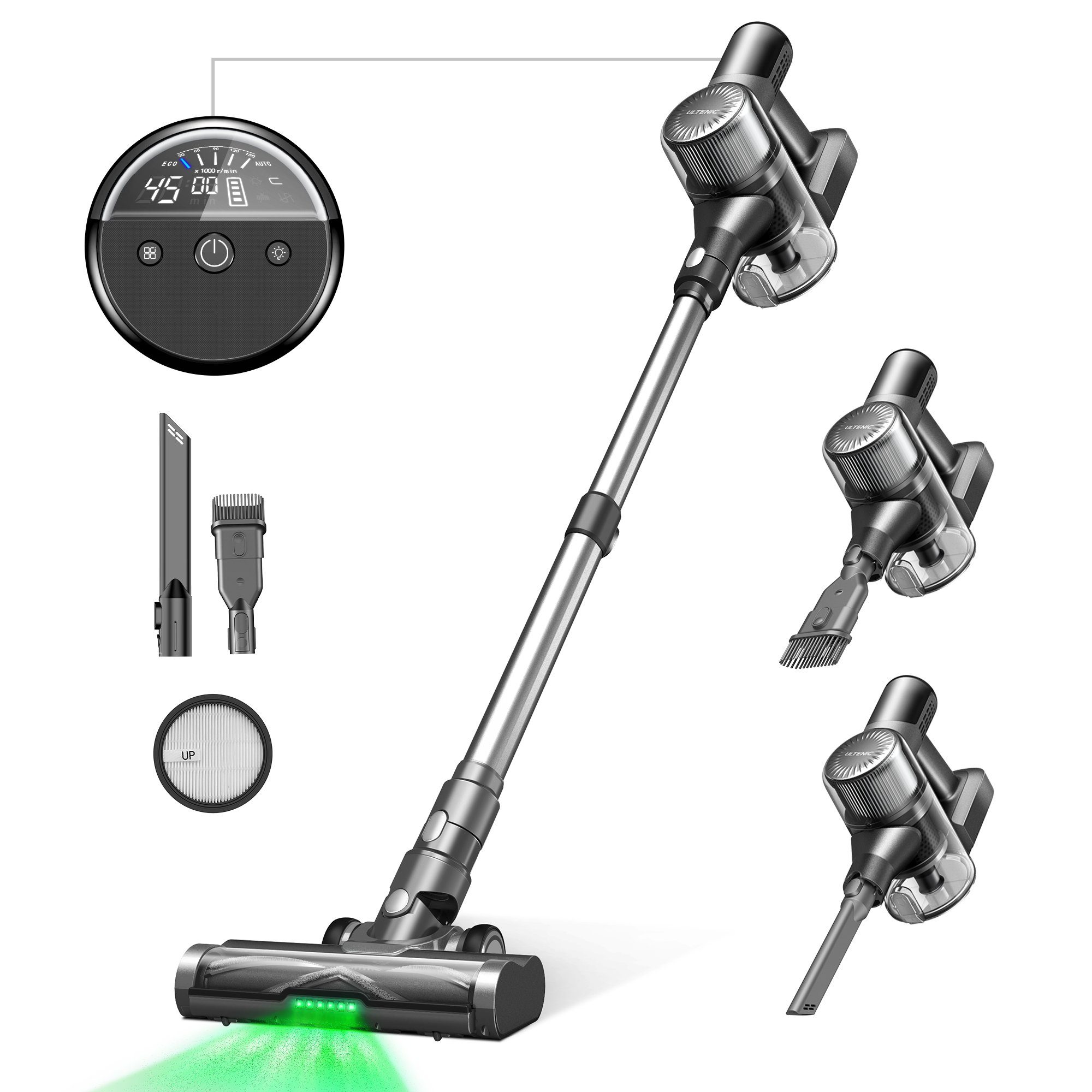 Ultenic Akku-Stielstaubsauger U12 Vesla, beutellos, Eye 1L Technologie,45 Staubbehälter,Green Min