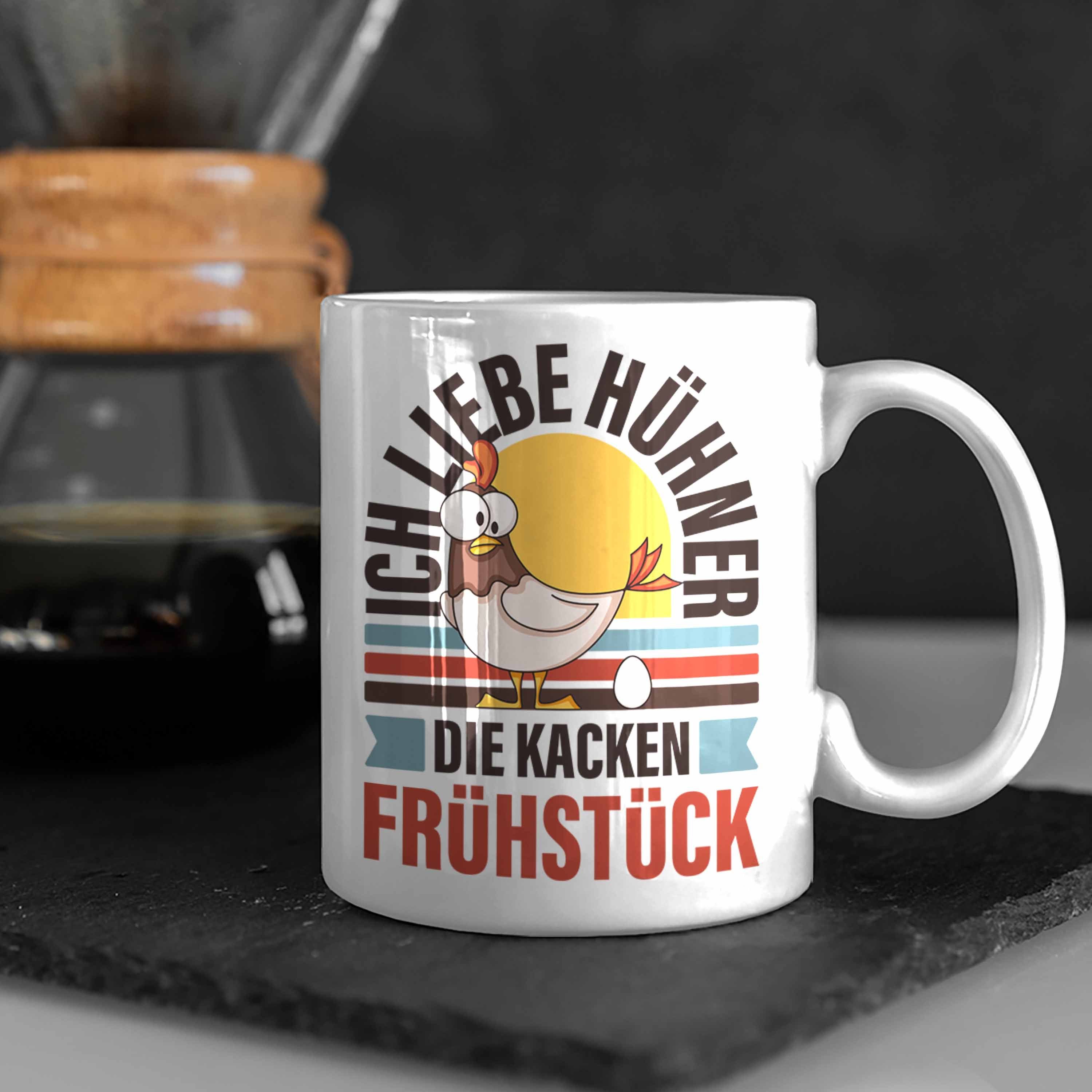 Trendation Tasse Trendation - Lustige Kaffeetasse mit Kacken Die Liebe Frühstück Ich Hühner Hühner Sprüchen Spruch Weiss mit Tasse