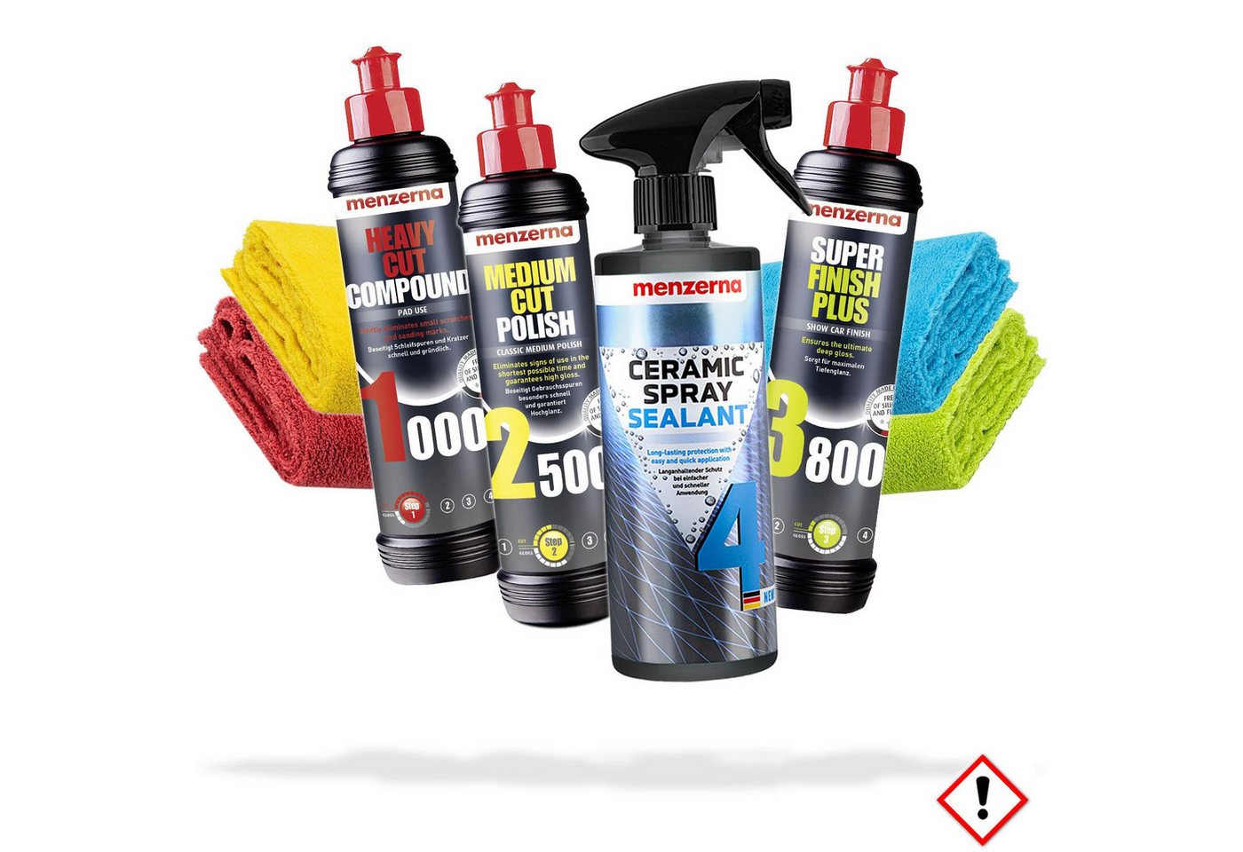 menzerna Heavy Cut, Medium Cut, Super Finish, Ceramic Spray, 4 Poliertücher Autopolitur (Polierset), Autopolitur - Komplett Set - Polierset