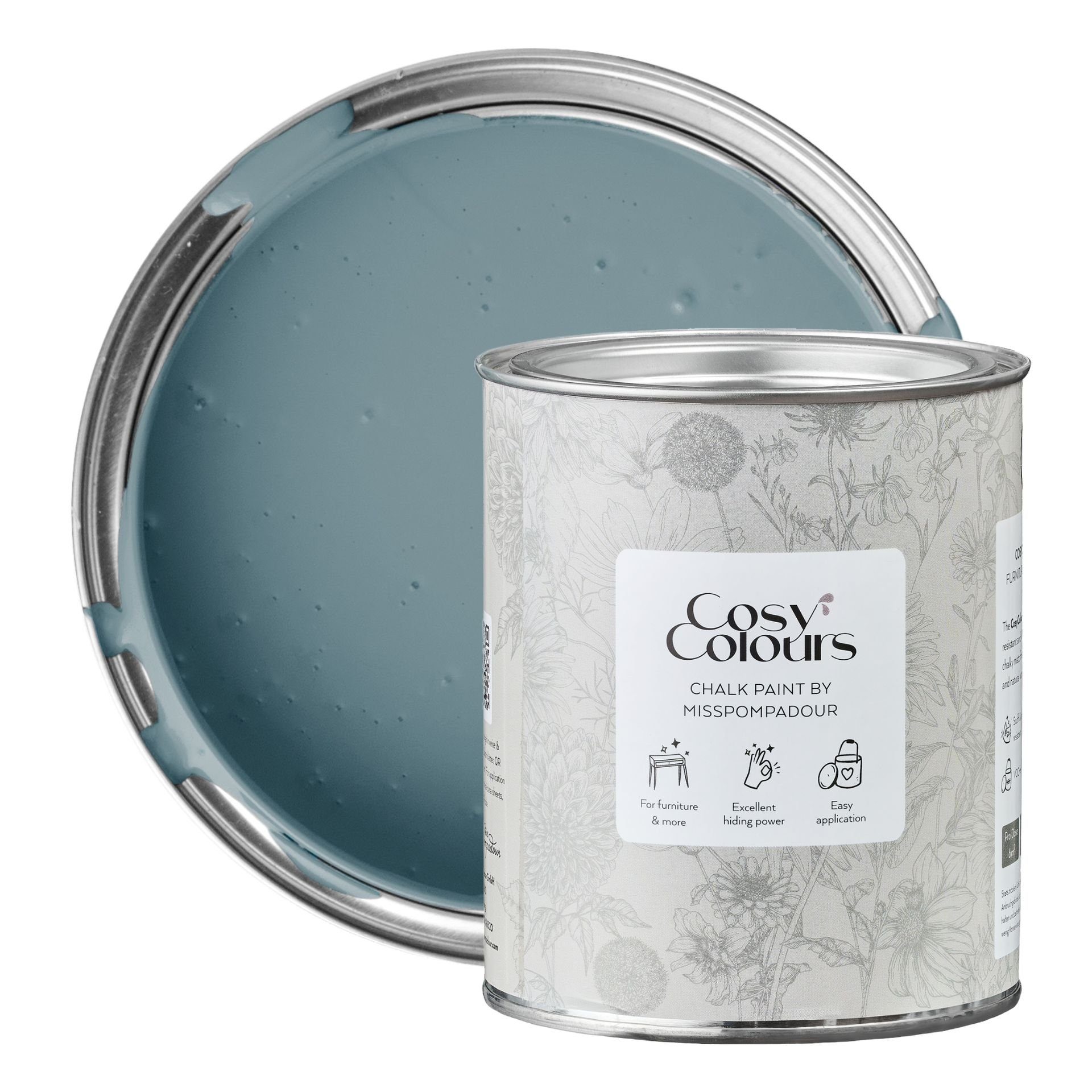 MissPompadour Kreidefarbe Cloudy Blue - Holzfarbe, Holzlack matt innen 750ml, Kreidefarbe für Holz, Metall, Kunststoff - CosyColours Blautöne