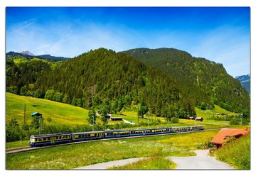 Wallario Wandfolie, Eisenbahn in einer Sommerlandschaft in der Schweiz, wasserresistent, geeignet für Bad und Dusche