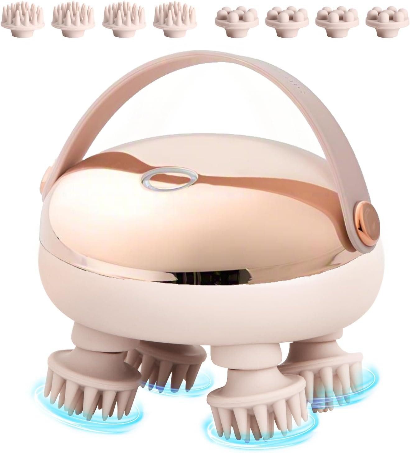 ibettertec Massagegerät elektrisches Kopfmassagegerät,handliches Kopfmassagegerät,2 modi, Körper-Massagegerät, Rotes Lichtpflege,mit 8 Massageköpfen,IPX6,Geschenk, Scalp Massager,Anti-Stress-Massage, Silikon-Massageaufsätze,Golden
