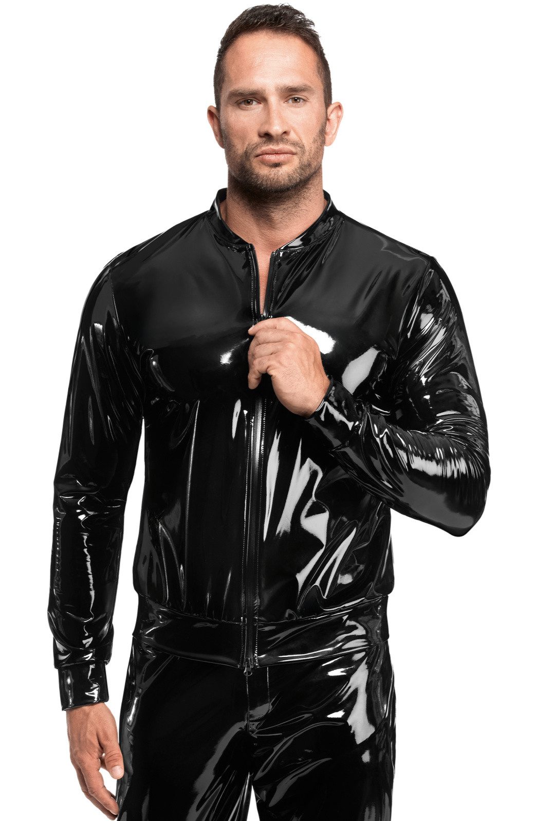 Lederimitatjacke Glänzende Herren Jacke Lack schwarz aus Wetlook Material mit Reißversc