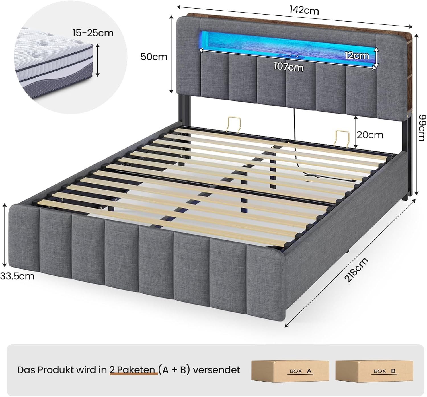 MSMASK Polsterbett Hydraulisches Bett mit LED-Bleuchtung und Ladestation (1 günstig online kaufen