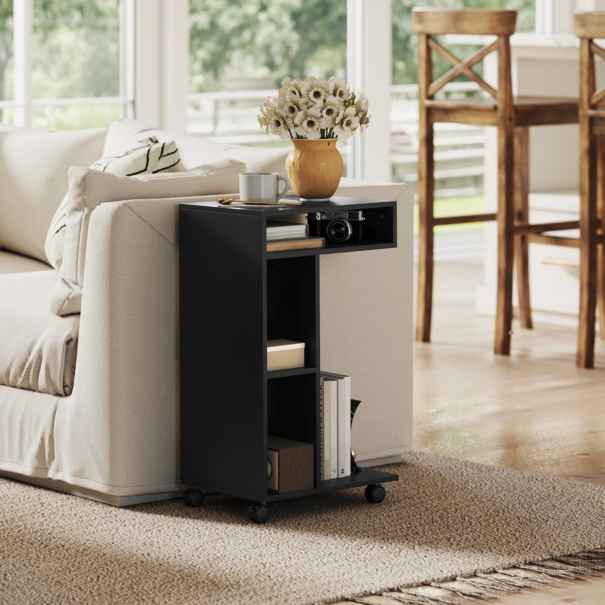 HOMCOM Beistelltisch Nachttisch, Couchtisch mit 4 Regalen, Rollen (C-förmig Wohnzimmertisch, 1-St., Laptoptisch), für Wohnzimmer Schlafzimmer 40 x 30 x 69 cm Schwarz