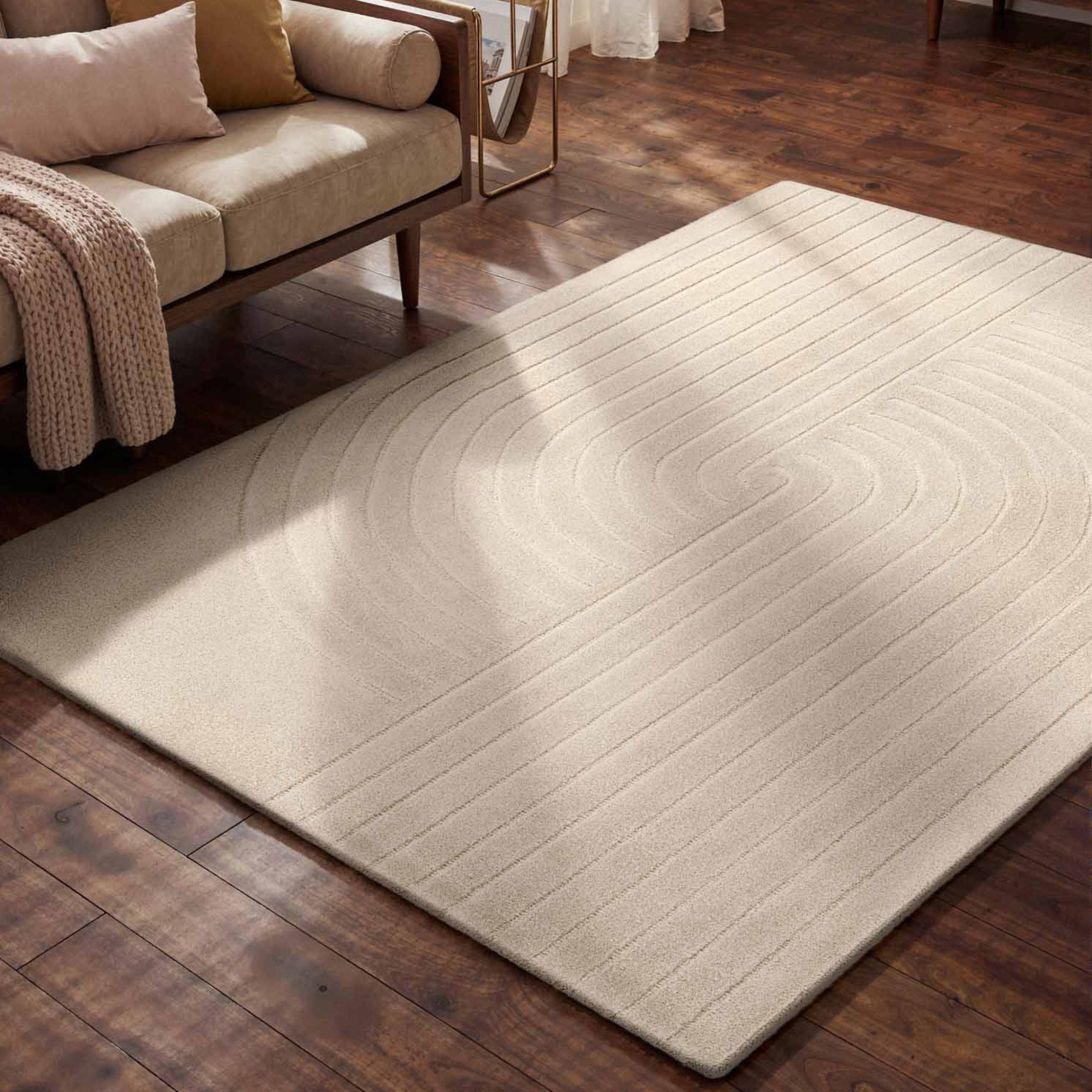 vikosa Wollteppich Arcura, rechteckig, Höhe: 15 mm, Wolle Handgemacht, Hoch-Tief-Effekt, Geometrisches Linien Wellendesign