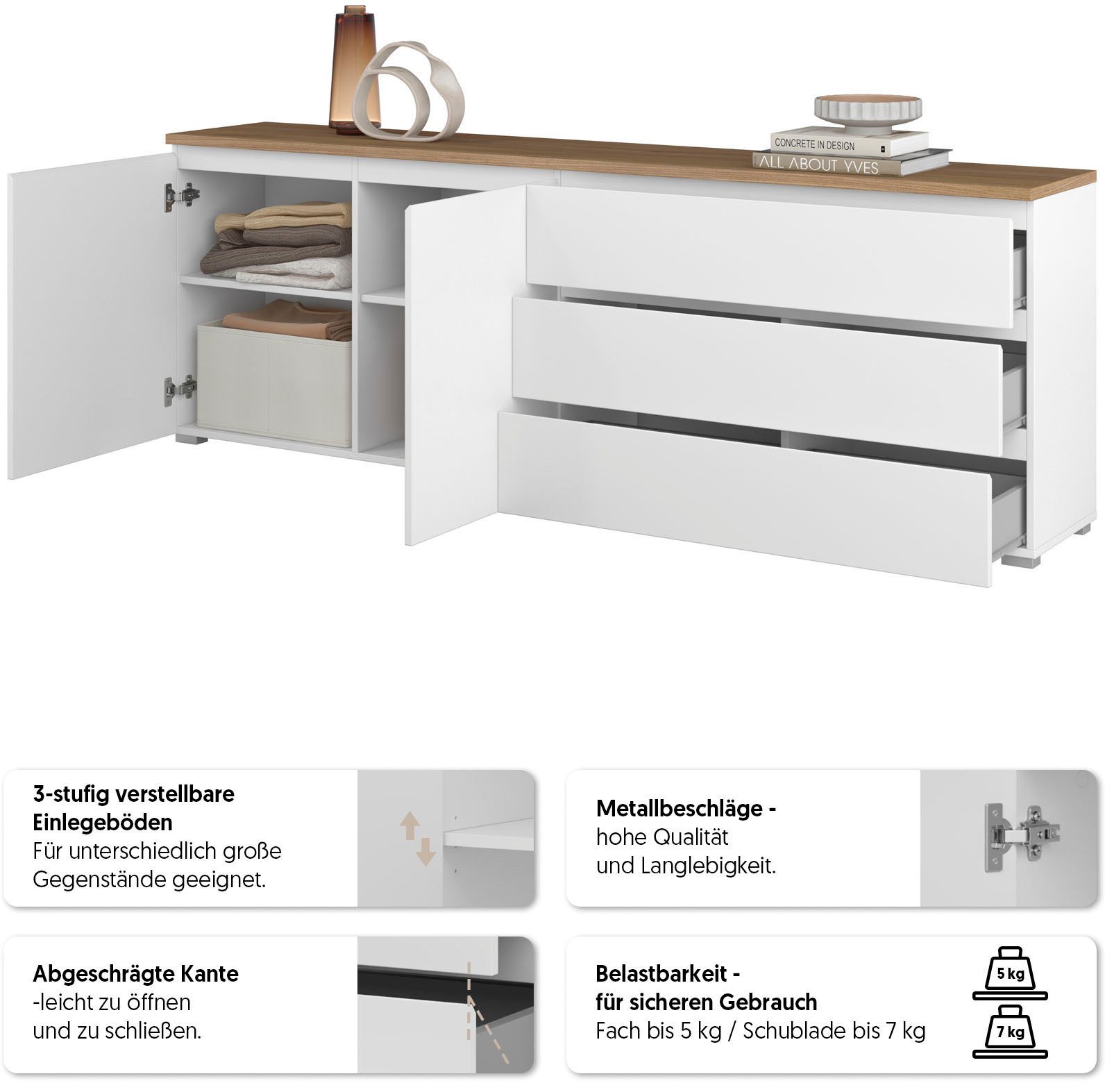 OTTO home Sideboard Modo, Breite 200 cm, moderne grifflose Kommode 2Türen/3 SK, Schubladenkommode mit viel Stauraum, Einlegeböden verstellbar
