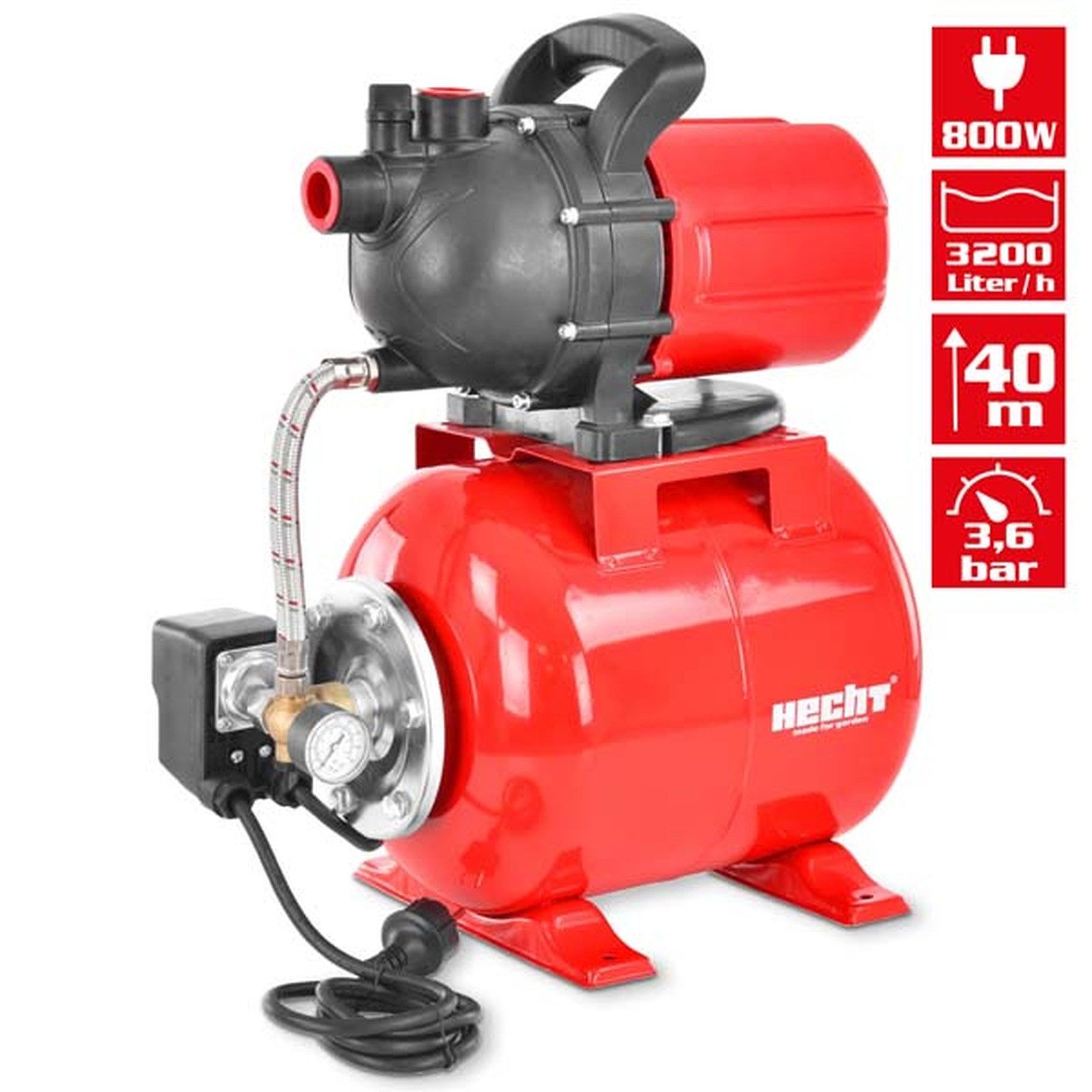 Hecht Hauswasserwerk 3800 800 W 19 l Druckbehälter 3200 l/h, 19 l Membrandruckbehaelter, Spritzwasserschutz IPX4