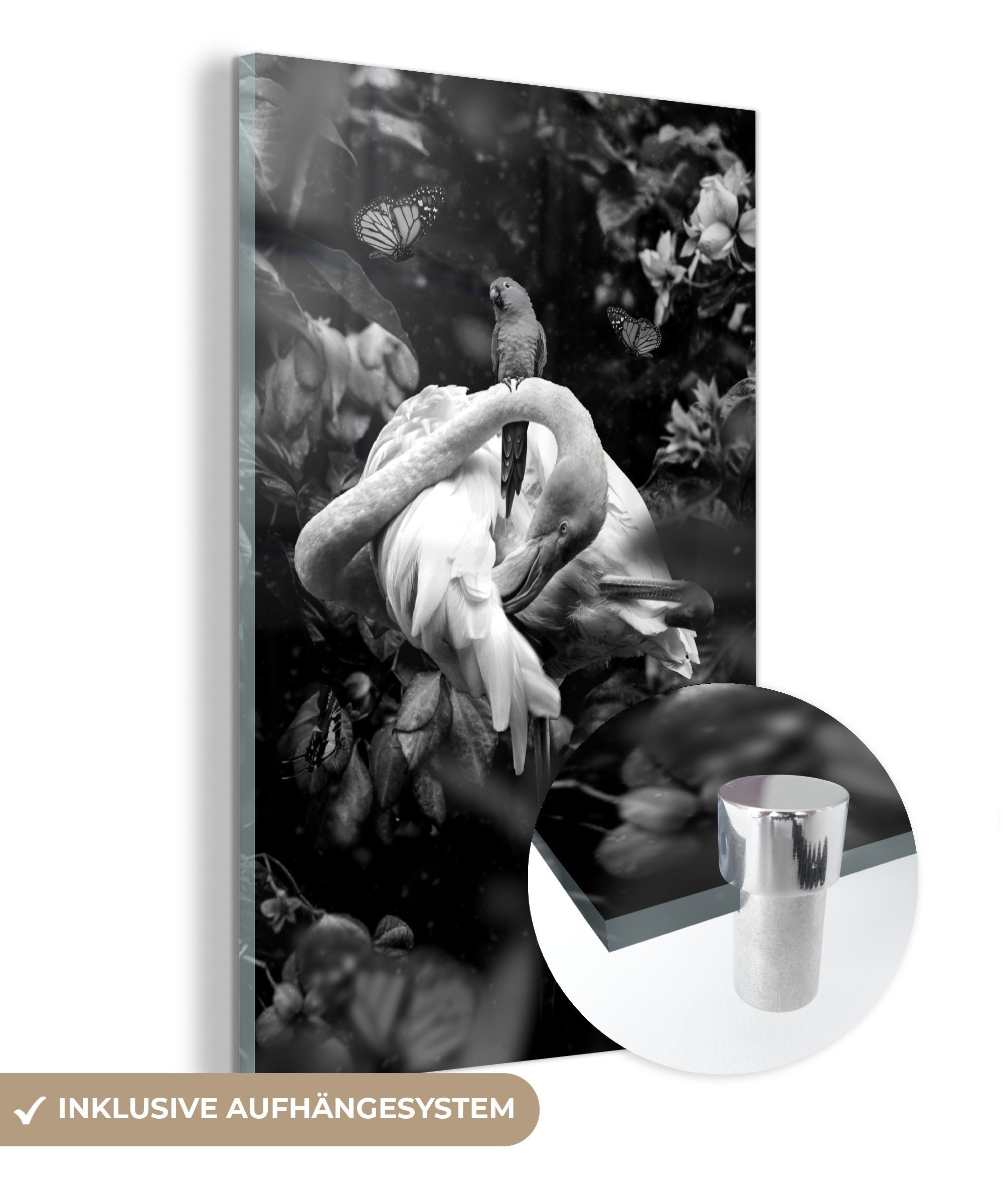 MuchoWow Acrylglasbild Flamingo und ein Vogel im Dschungel - schwarz und weiß, (1 St), Glasbilder - Bilder auf Glas Wandbild - Foto auf Glas - Wanddekoration bunt
