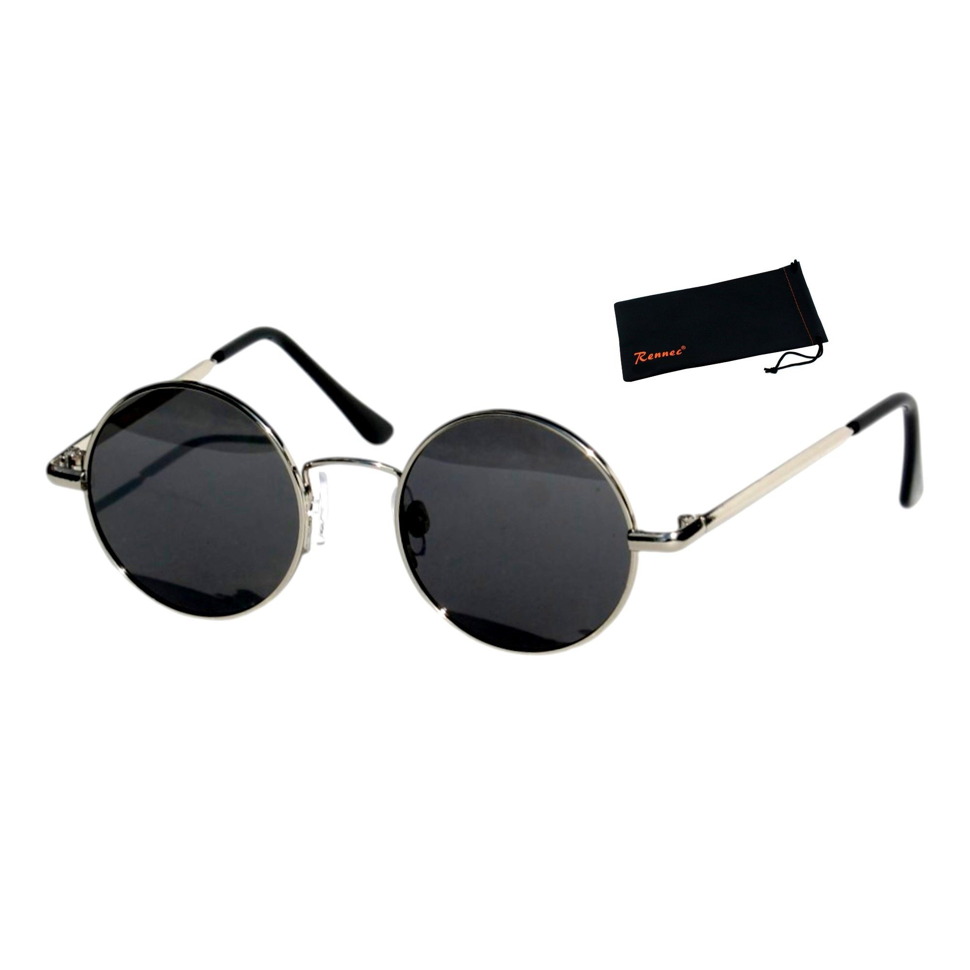 Rennec Sonnenbrille Kinder Brille Rund UV400 Schwarz Polarisiert mit Brillenbeutel Nickelbrille Jungen Mädchen, 5 bis 9 Jahren, Linsen Schwarz Getönt