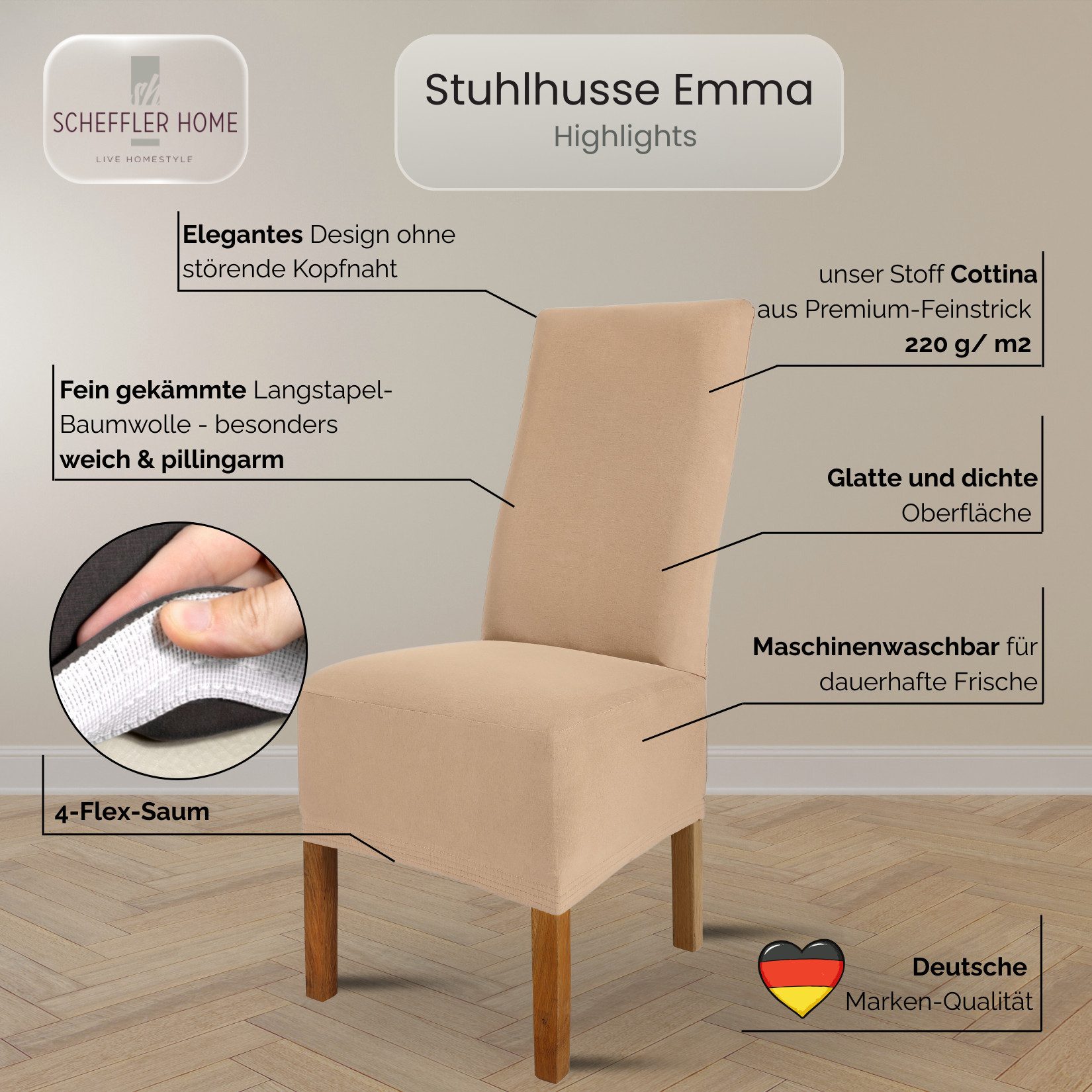 sh SCHEFFLER-HOME LIVE HOMESTYLE Stuhlhusse Moderner Stuhlbezug "Emma" aus elastischer Baumwolle Cottina, abnehmbarer & waschbarer Spannbezug für Stühle – Bild 3 von 5
