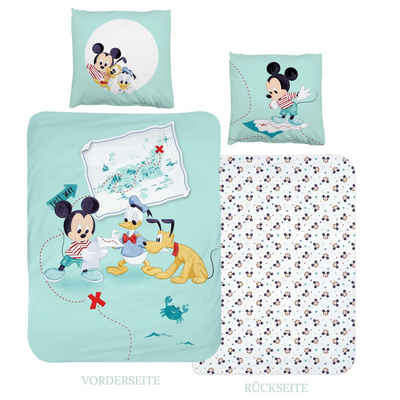 Kinderbettwäsche Mickey Mouse 135x200 + 80x80 cm, 100 % Baumwolle, MTOnlinehandel, Renforcé, 2 teilig, Disney's Mickey Mouse Pluto Donald Duck Bettwäsche für Kinder in mint