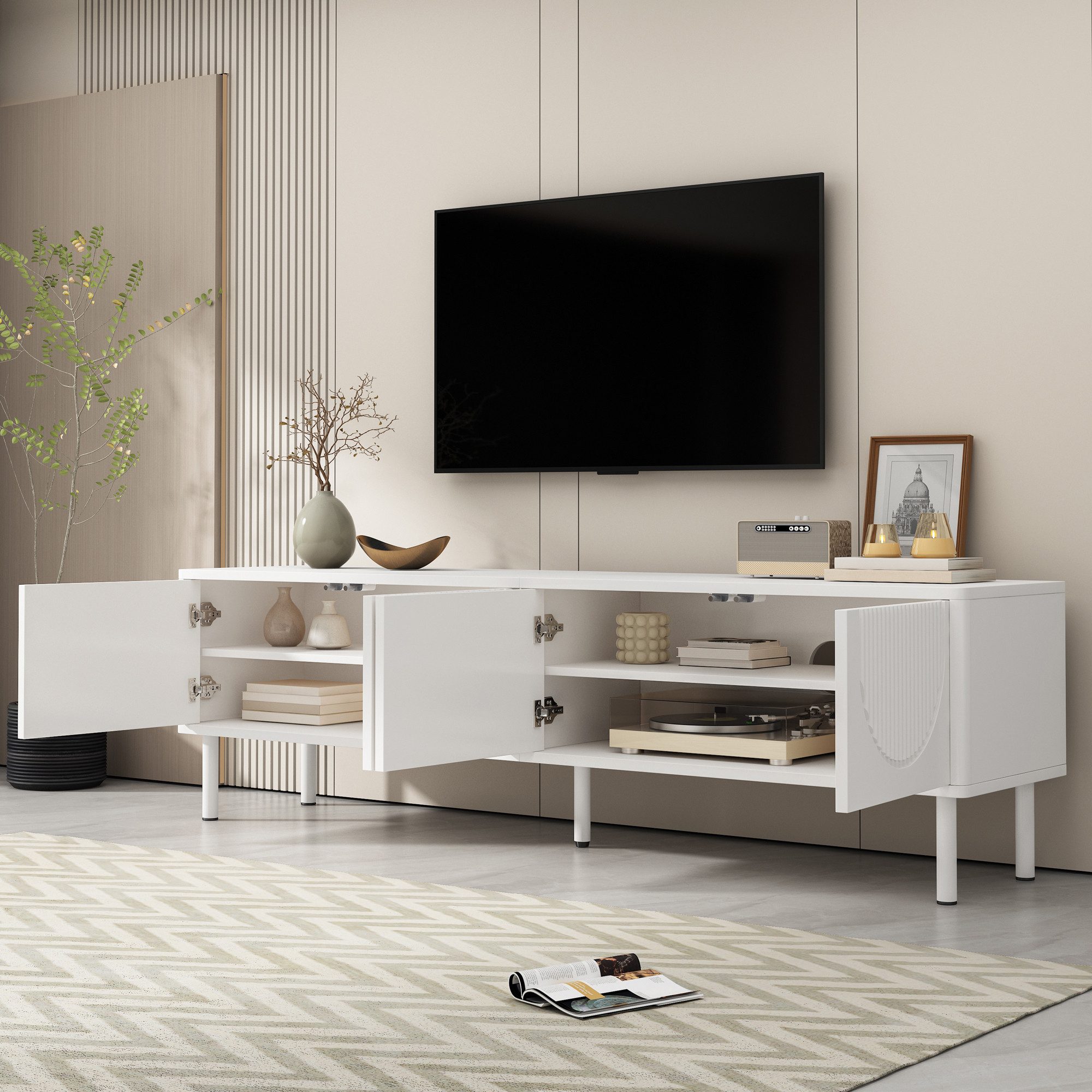 Merax Lowboard in Mattweiß mit 3D-Relief-Türen (Ideal für Wohnzimmer, Flur günstig online kaufen