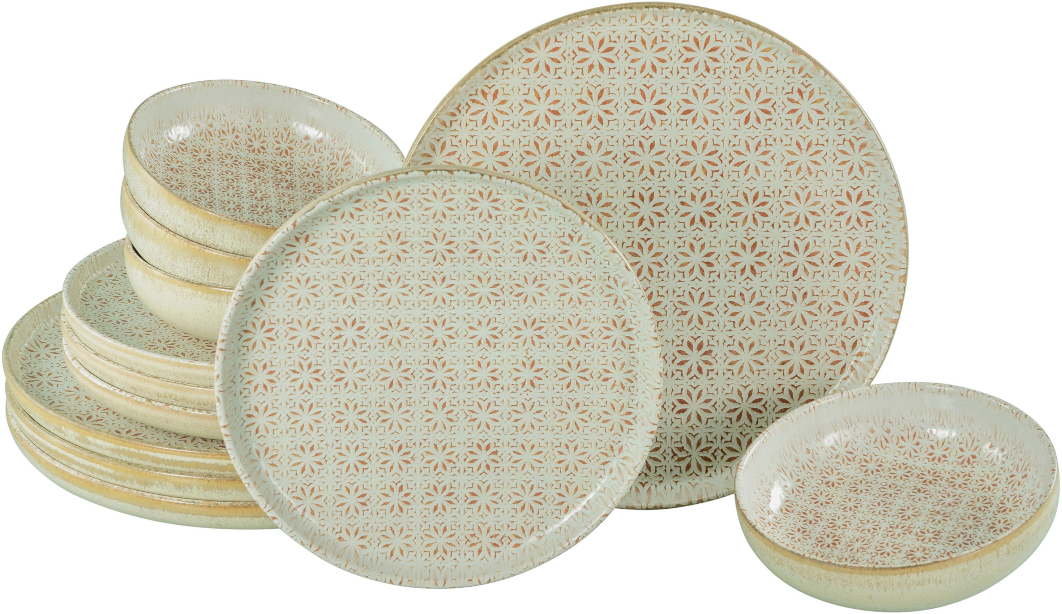 CreaTable Тарелки-Set Uno Emiliana, Тарелкиset 12-tlg (12-tlg), 4 Personen, Steinzeug, Shabby Look, Vintage Style