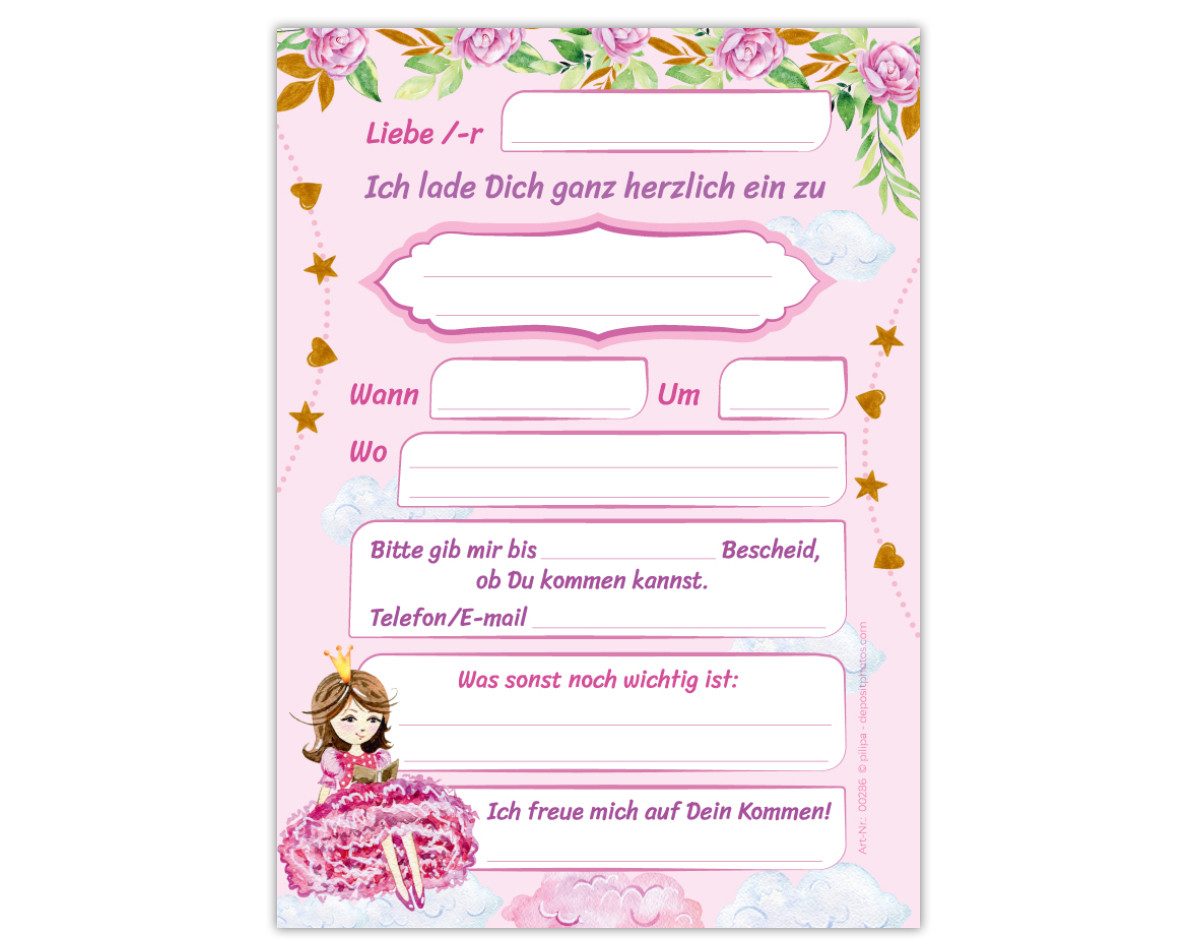 JUNAPACK Einladungskarten Prinzessin zum Kindergeburtstag Einladungen mit Umschlägen Karten, Einladungskarten mit Umschlägen zum Geburtstag Prinzessin