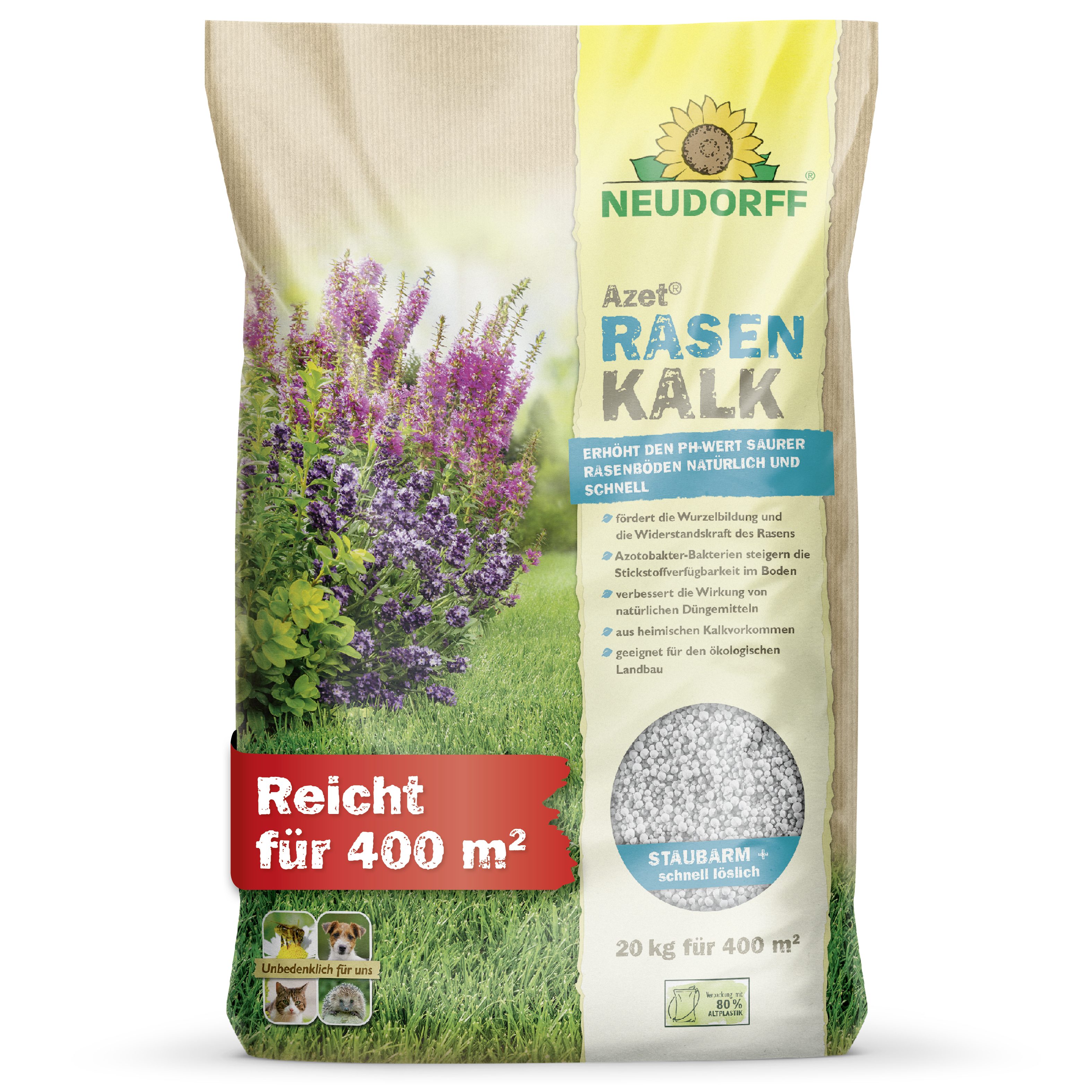 Neudorff Rasenkalk Azet RasenKalk 20 kg, Staubarm & schnell löslich für eine einfache Ausbringung, Mit Calcium, Magnesium & lebenden Mikroorganismen, Mit Calcium, Magnesium & Mikroorganismen für den Rasenboden