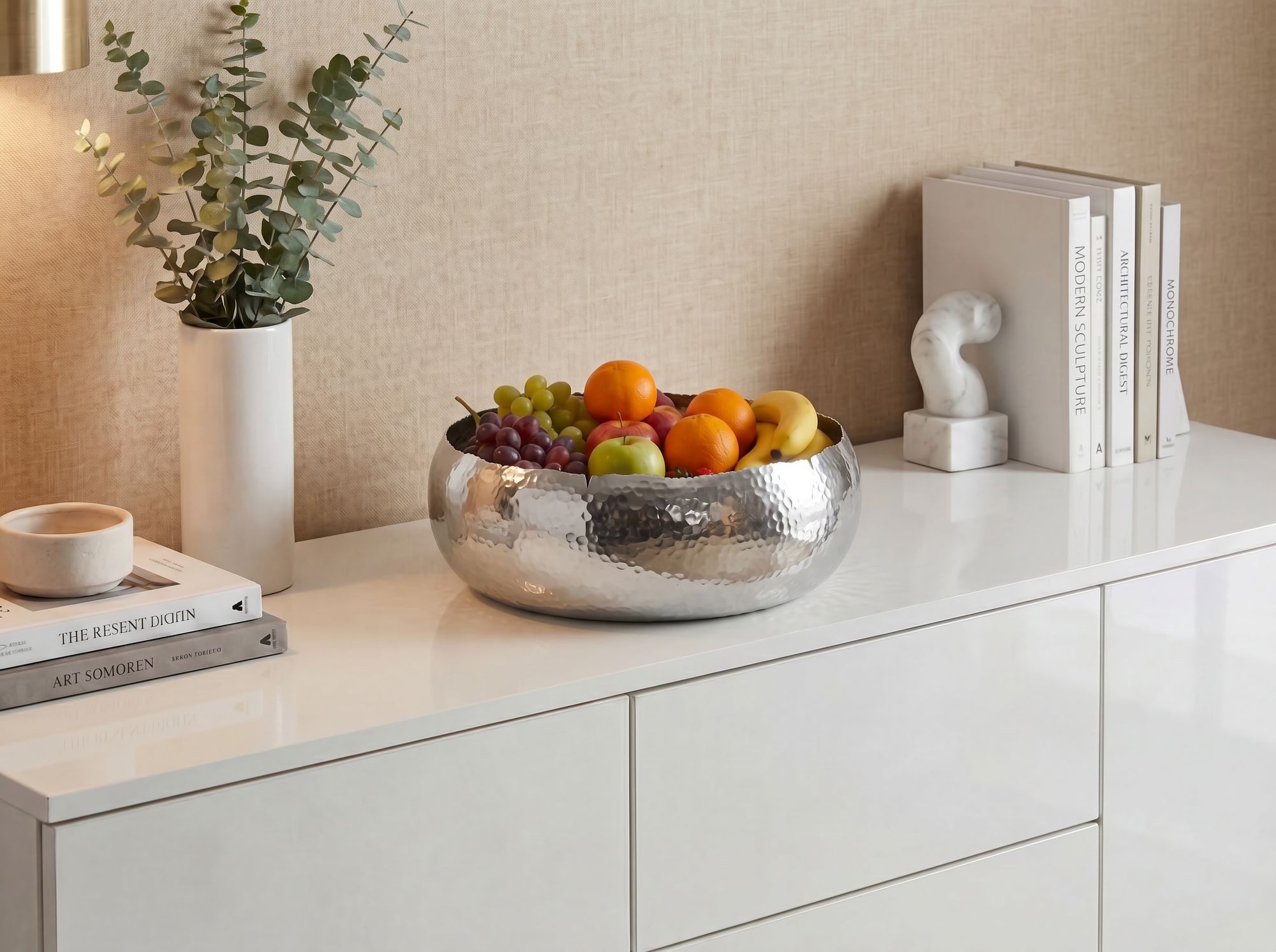 Wohnling Obstschale WL7.669 Metallschale Aluminium Silber 35cm Obstkorb Metall Rund, Aluminium, (Bauchige Früchteschale für deine heimische Küche), Stabile Schale mit Hammerschlag Struktur