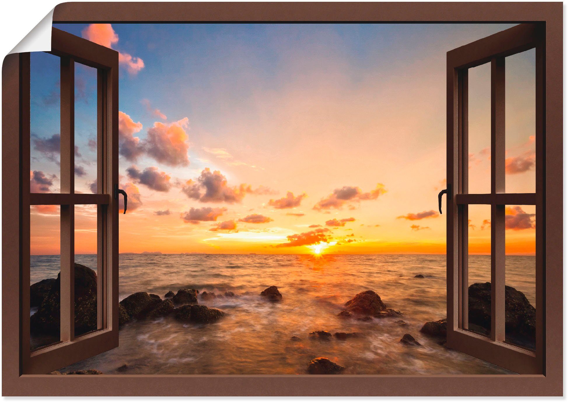 Artland Wandbild Fensterblick Sonnenuntergang am Meer, Fensterblick (1 St), als Alubild, Leinwandbild, Wandaufkleber oder Poster in versch. Größen weiß