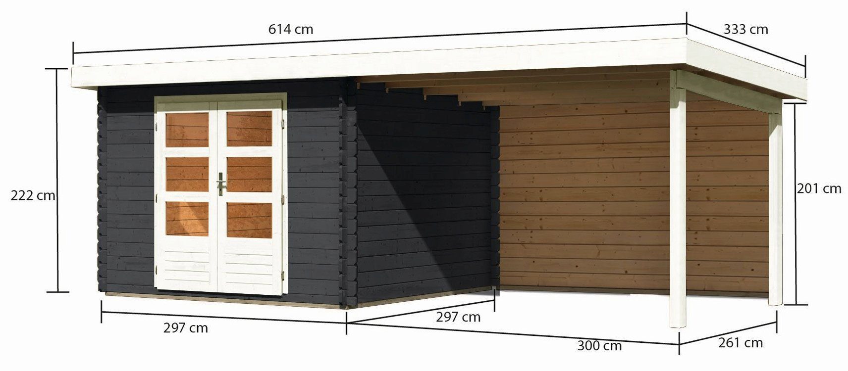 KONIFERA Gartenhaus Schloßsee Anbaudach, (Set), 5, cm, Fußboden 704x333 und im BxT: Haus Rückwand mit