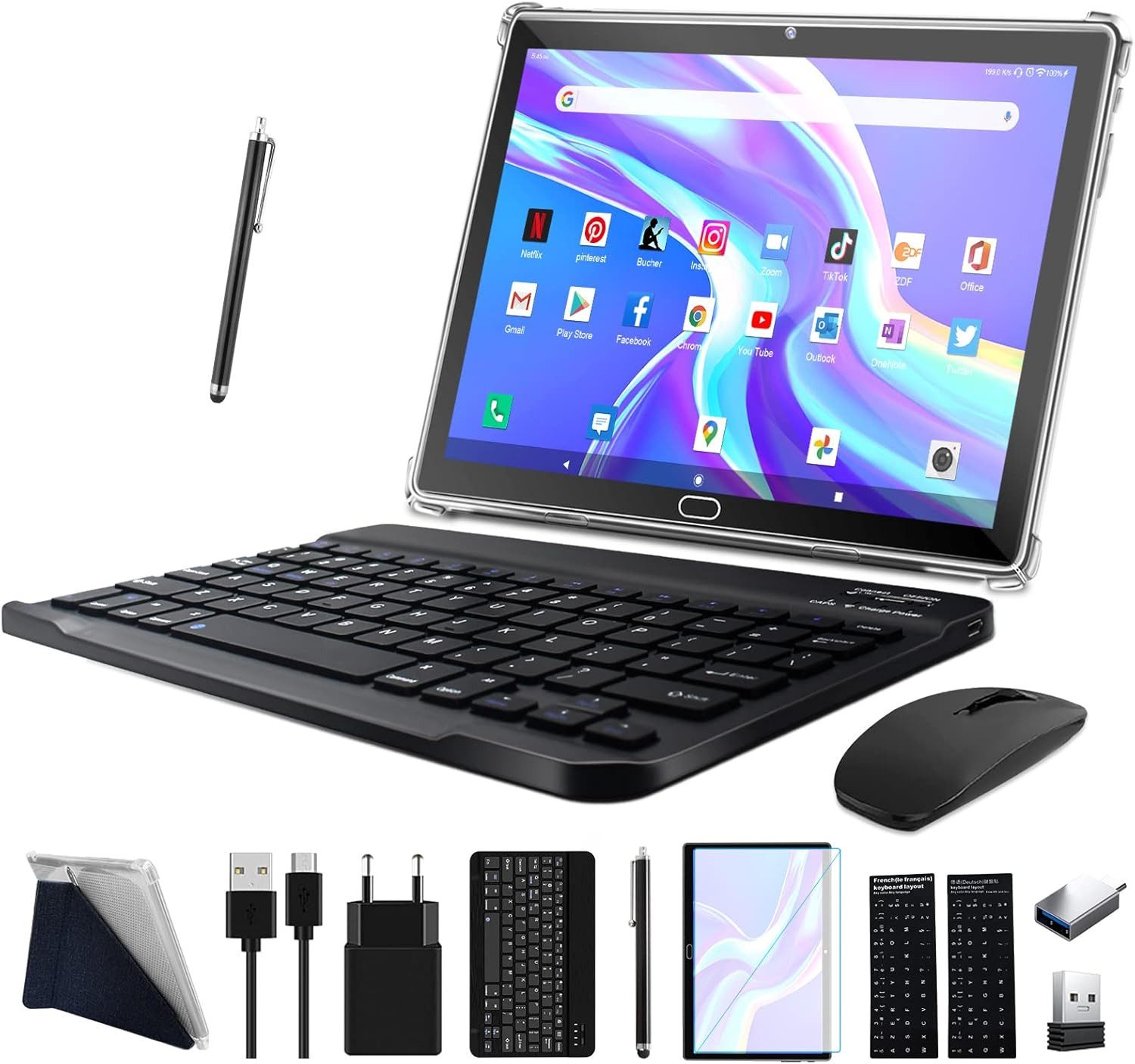 FEONAL 3-in-1 Mit Tastatur Maus Stift Mit 2 SIM 64GB ROM 512GB TF-Octa-Core Tablet (10", 64 GB, Android 13, 4G LTE, 1080P FHD, 13MP, 6000mAh, Bluetooth, WLAN GPS Typ C-Schwarz Tablet)