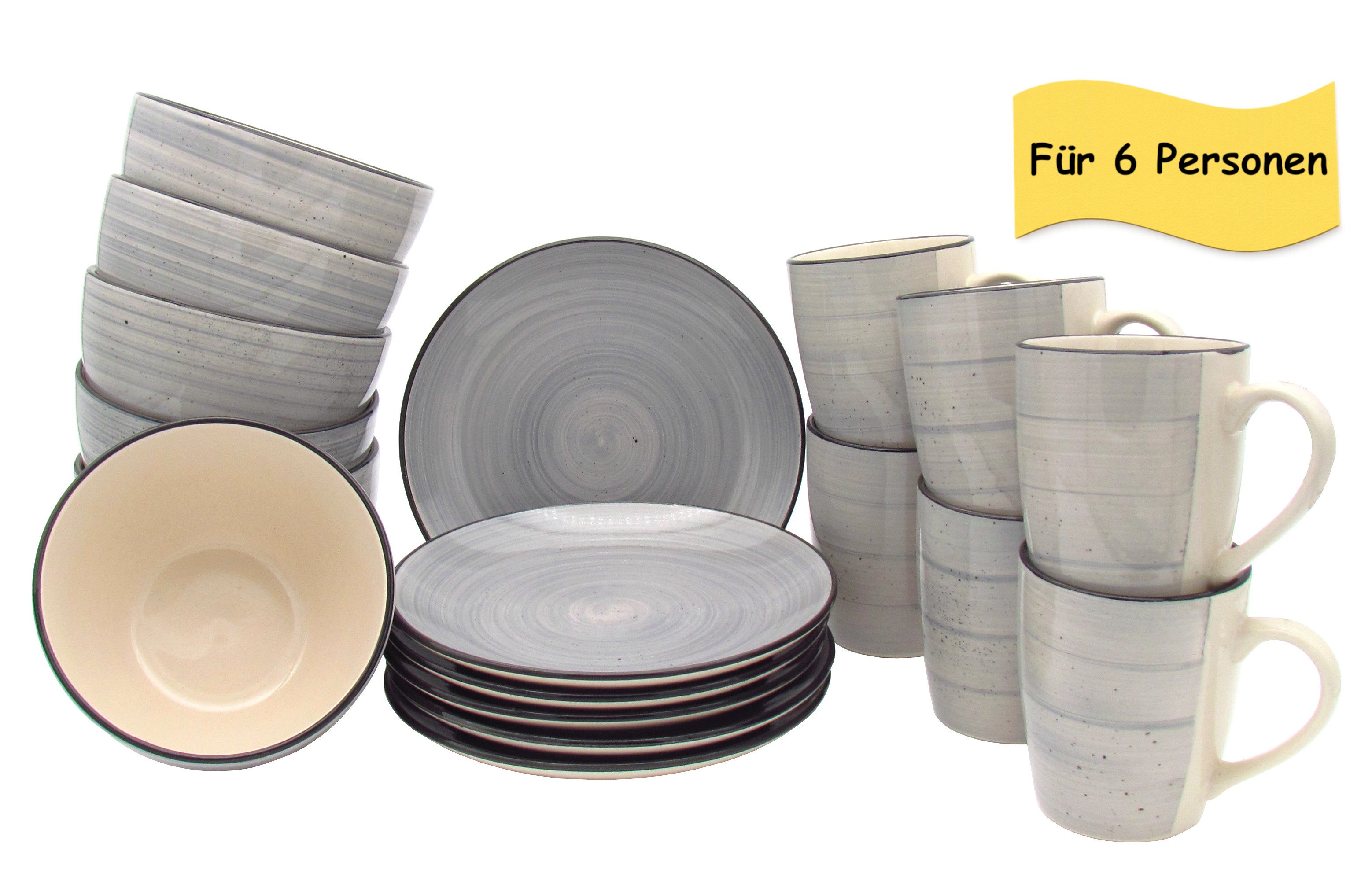steinwohn Frühstücks-Geschirrset Keramik Frühstücks-Service 12-/18-teilig für 4 oder 6 Personen (18-tlg), Vintage Look, Spülmaschinen- & Mikrowellengeeignet