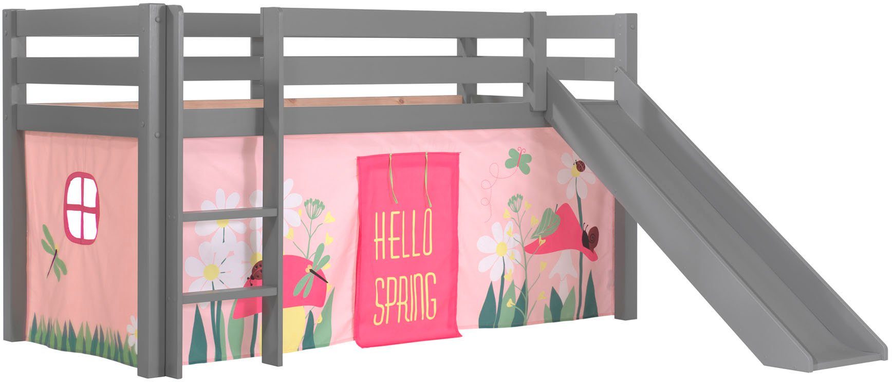 Vipack Hochbett Pino, Spielbett massiv Kiefer, stabil gebaut, 3 Korpusfarben zur Wahl (inkl. Rolllattenrost, Leiter und Absturzschutz, mit oder ohne Rutsche) Textil-Set "Spring", inkl. Vorhang, mit oder ohne Tunnel