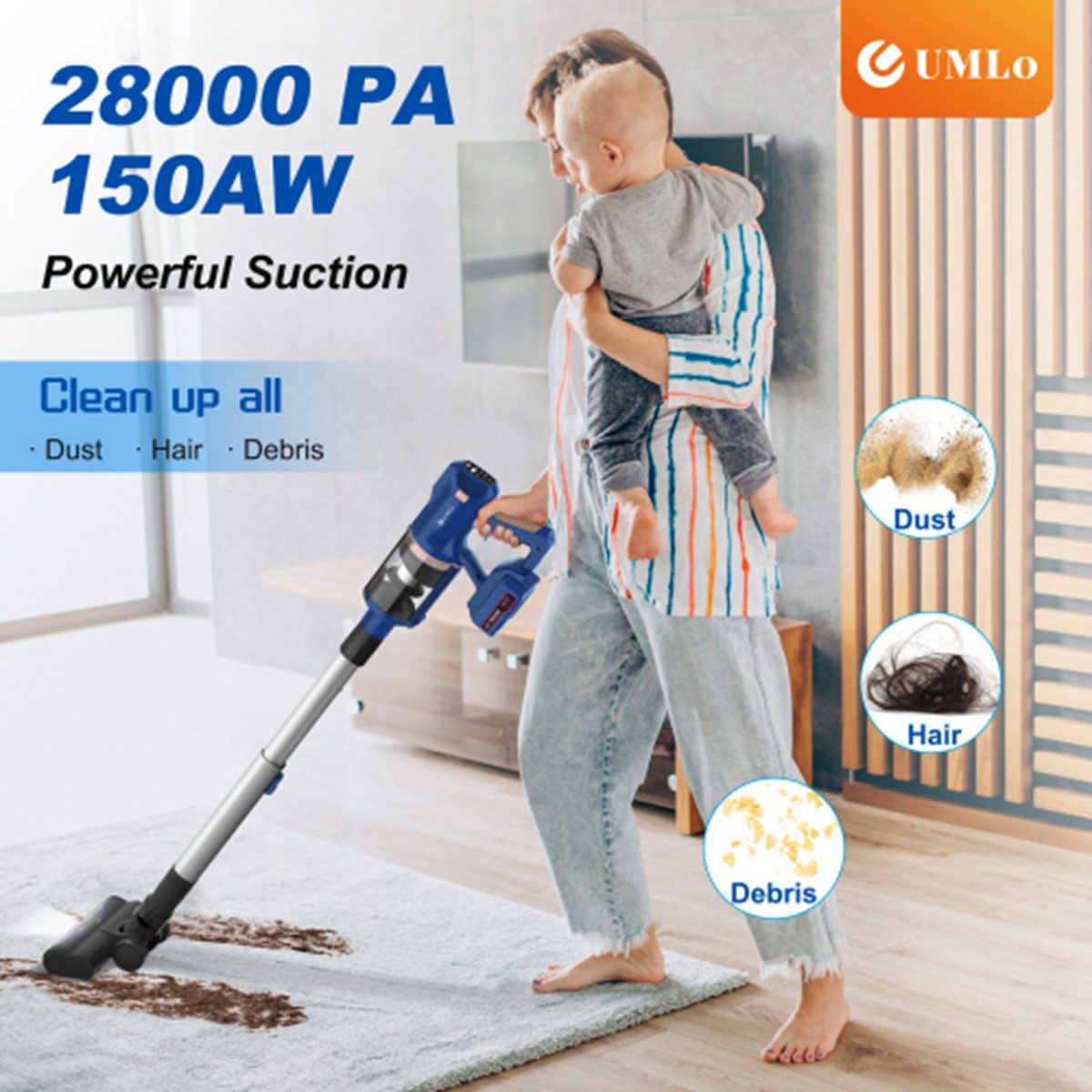 Novzep Akku-Stielstaubsauger 4000-mAh Akku Stielstaubsauger, Hand Bodenreinigung mit HEPA-Filter, 300-W-Motor, 4000-mAh-Akku und LED-Anzeige