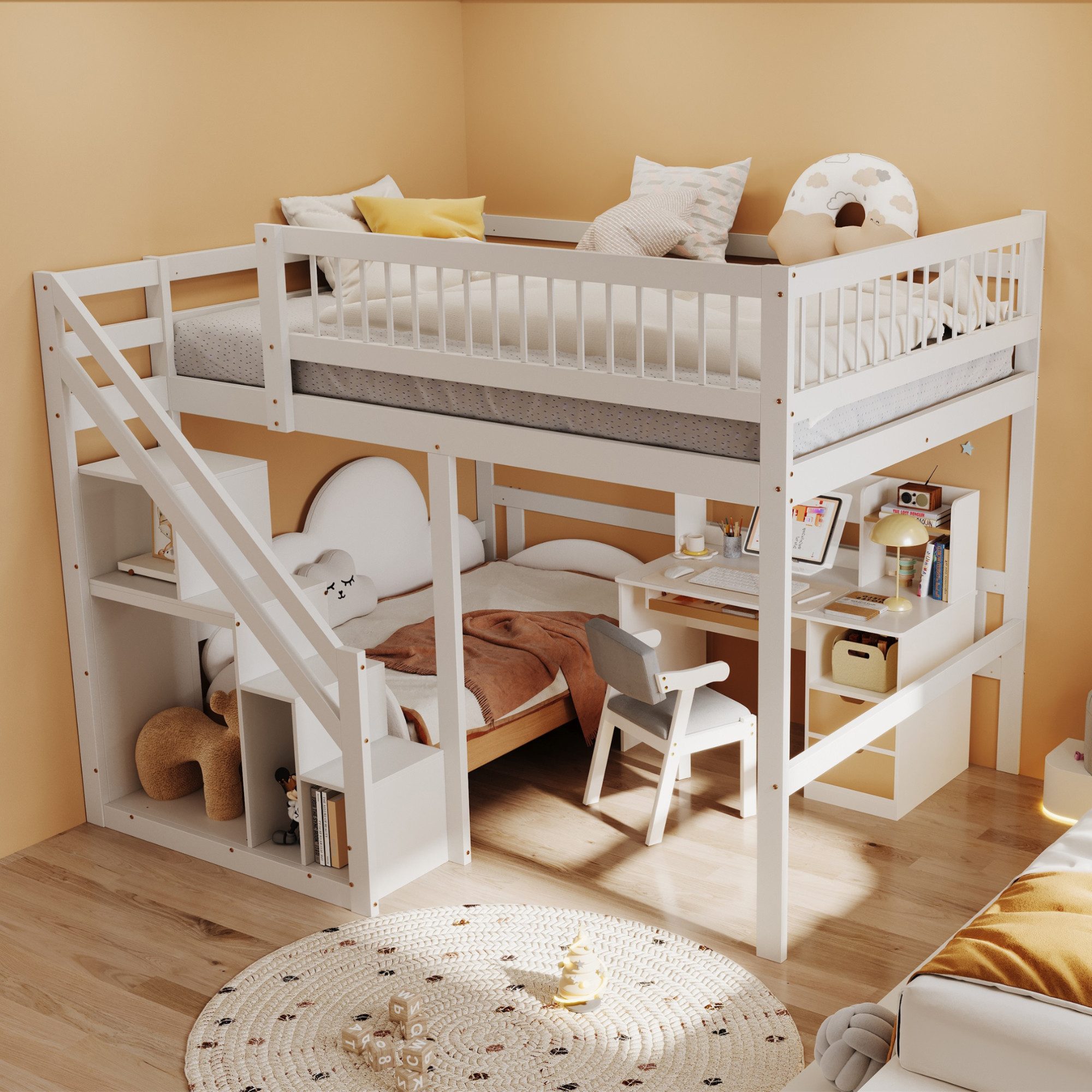 Merax Hochbett (Jugendbett mit Rausfallschutz und Lattenrost, 1-St) Etagenbett 140x200cm mit Treppe und Stauraum, Kiefernholz Kinderbett