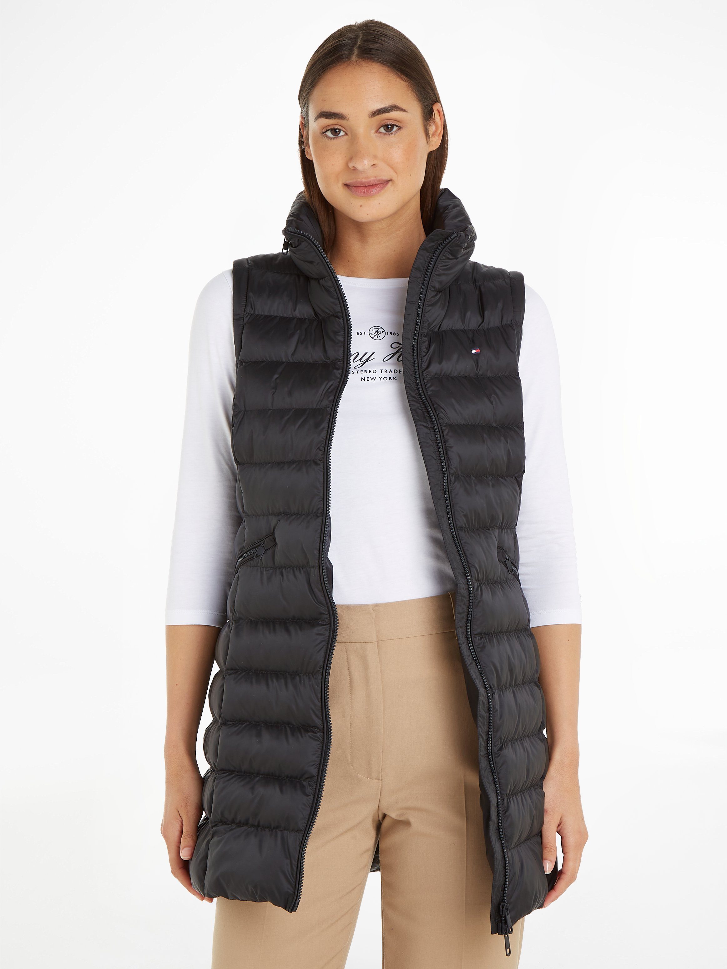 STR Steppweste VEST LONG langer GLOBAL mit Tommy Hilfiger modischer, Black PADDED 2-Wege-Reißverschluss Form MW in