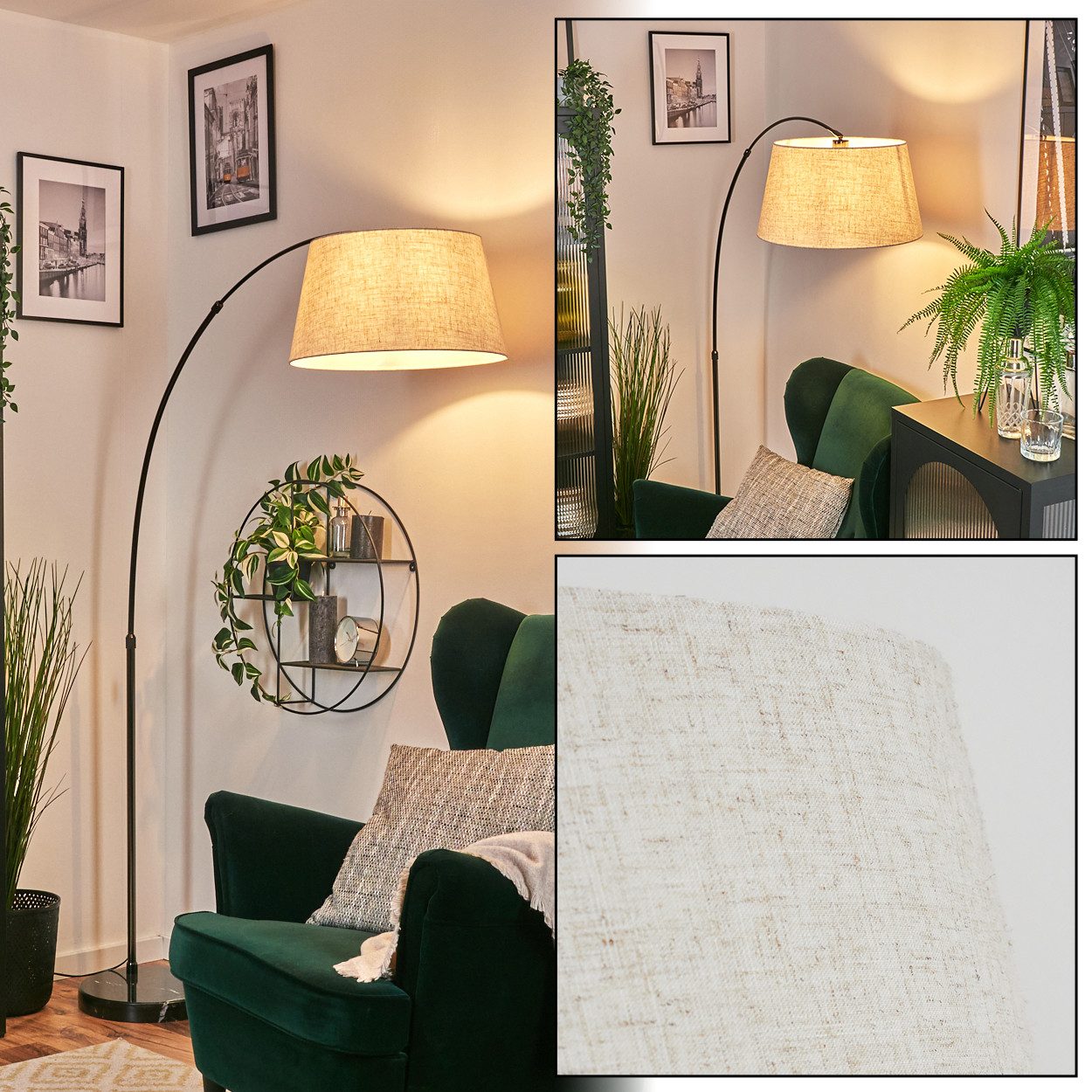 hofstein Bogenlampe Stehlampe mit Marmorfuß aus Metall/Stoff in Schwarz/Chrom/Beige/Weiß, verstellbare Stehleuchte im modernen Design, Ø 45 cm, Fußschalter, E27