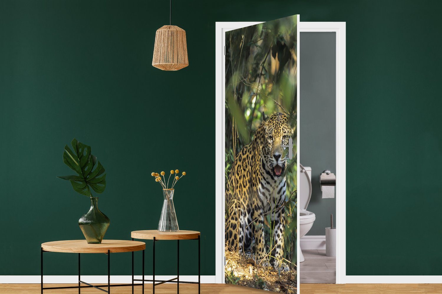 MuchoWow Türtapete Versteckter Türaufkleber, St), Jaguar im (1 Tür, 75x205 cm Dschungel, für bedruckt, Fototapete Matt