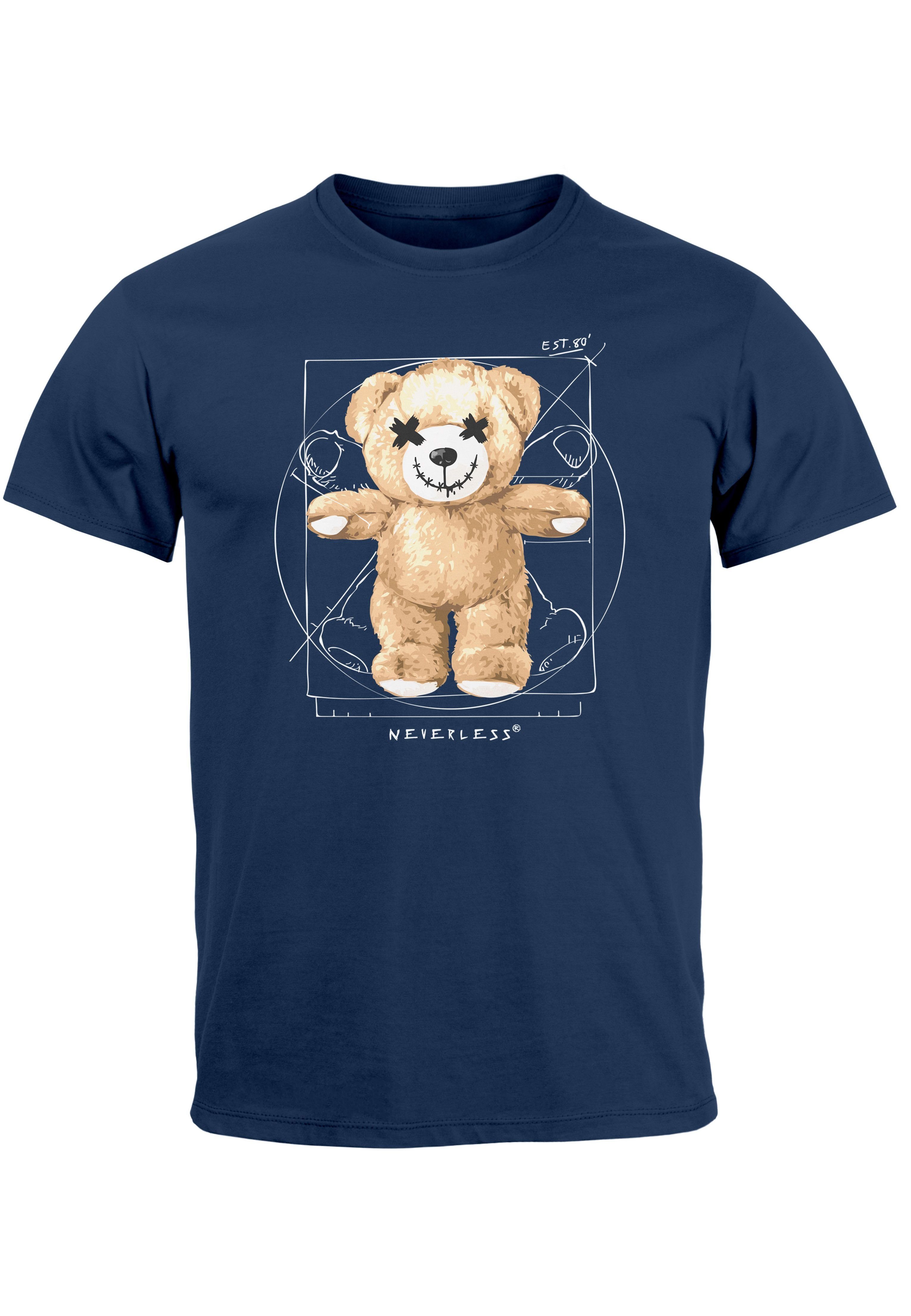 Neverless Print-Shirt Herren T-Shirt Print Teddy Bär DaVinci Meme Parodie Fashion Streetstyl mit Print navy