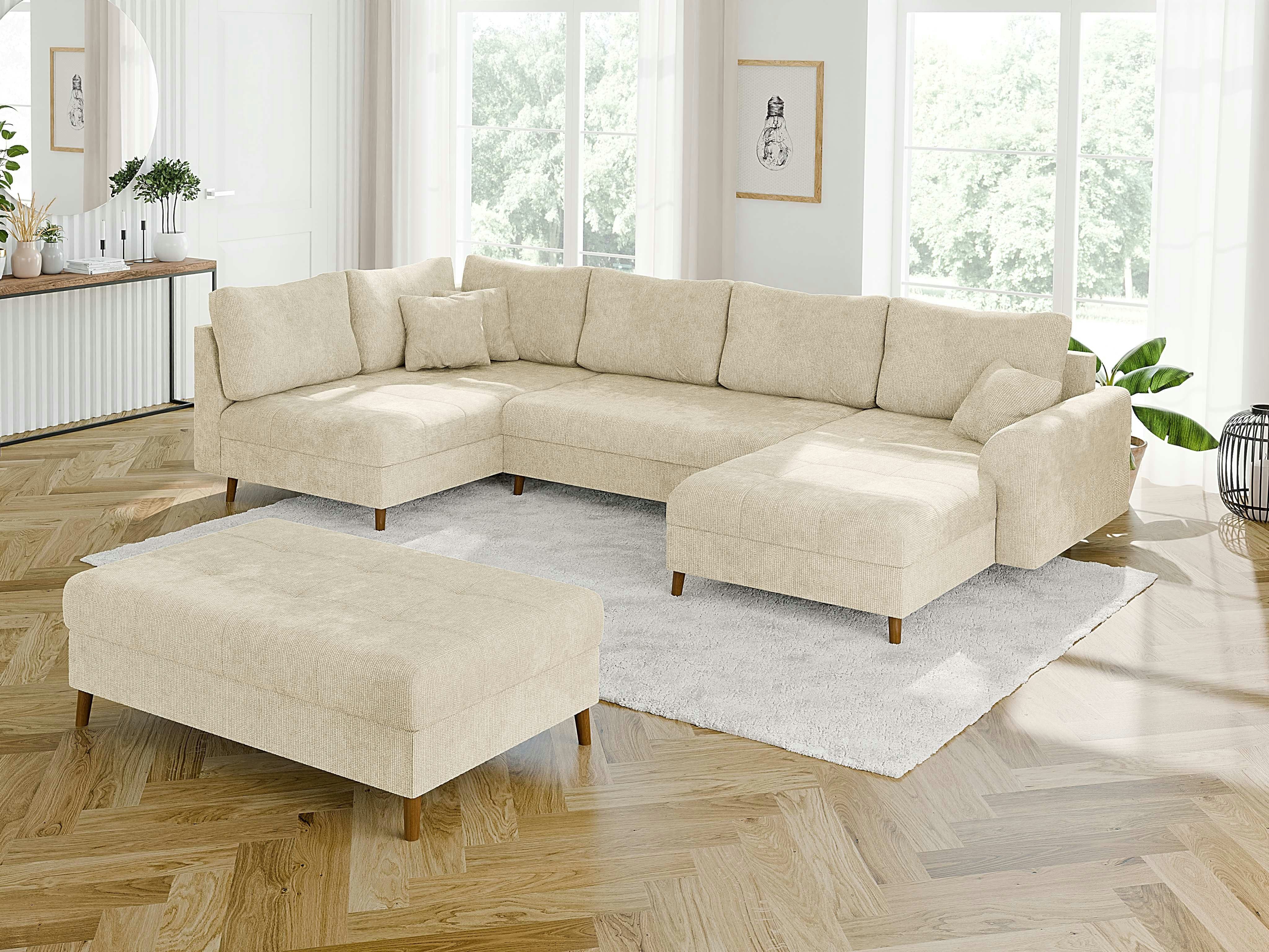 S-Style Möbel Wohnlandschaft Kristian mit Schlaffunktion, Hocker und Holzfüßen aus Chenille-Stoff, Ottomane links oder rechts bestellbar. Schlaffunktion in Kombination mit Hocker möglich., mit Wellenfederung