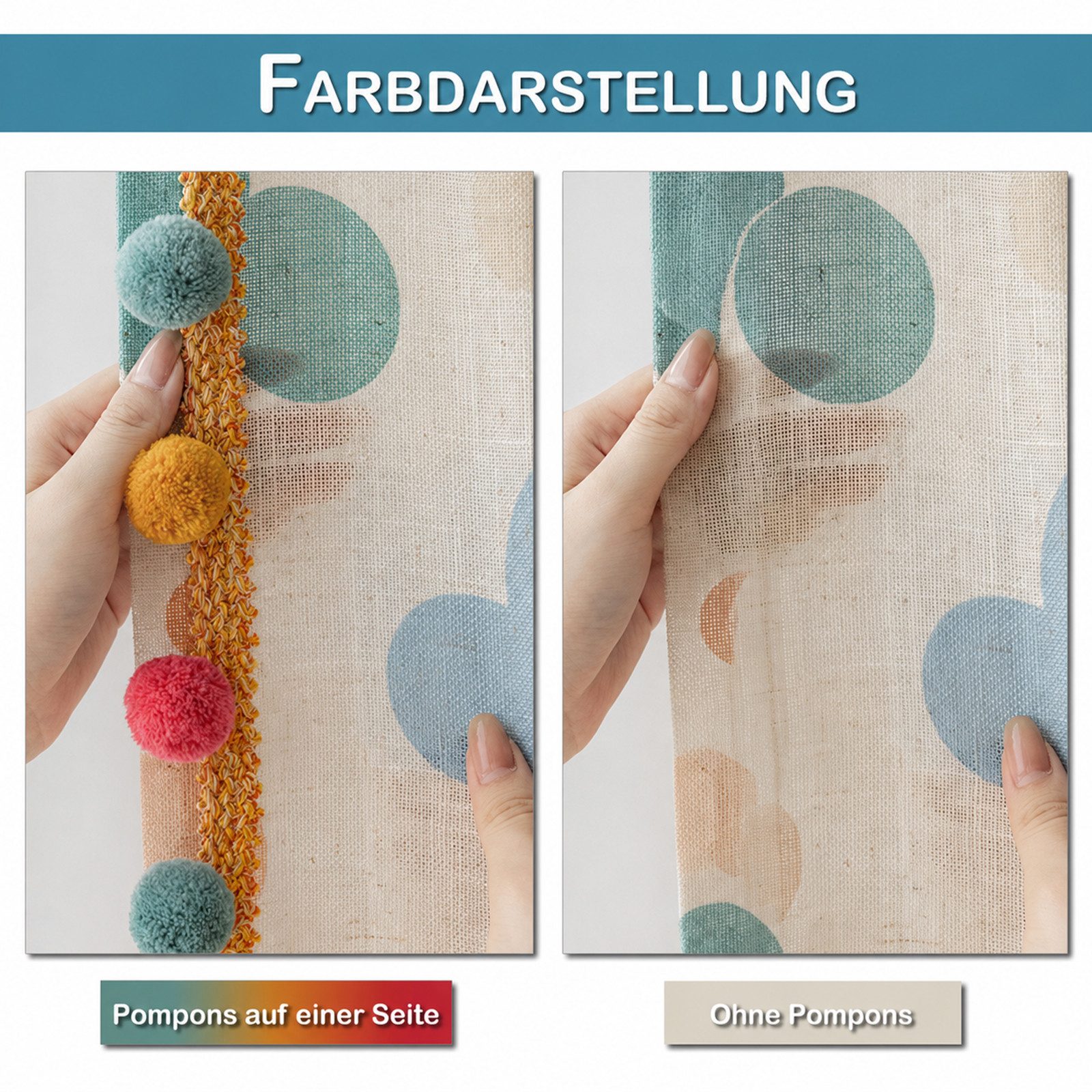 Rosnek Gardine fürs Kinderzimmer, 2er-Set mit buntem Wolkenmuster, Transparente Vorhänge in Leinenoptik, wahlweise mit oder ohne Pompons – Bild 3 von 5