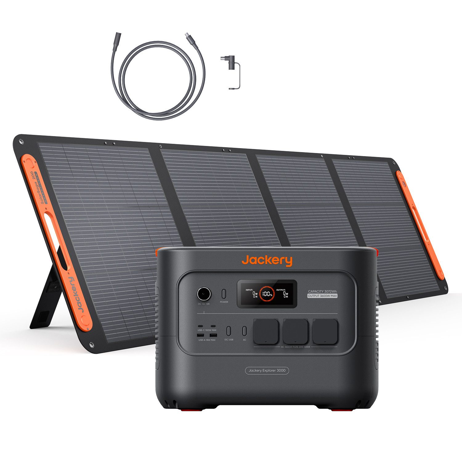 Jackery Stromerzeuger E3000 v2 mit 200W mit Kabel, 3072Wh/3600W tragbare Powerstation, 7,2 in kW, mit 5M Kabel für Notstrom, Camping, Wohnmobil & Haushalt