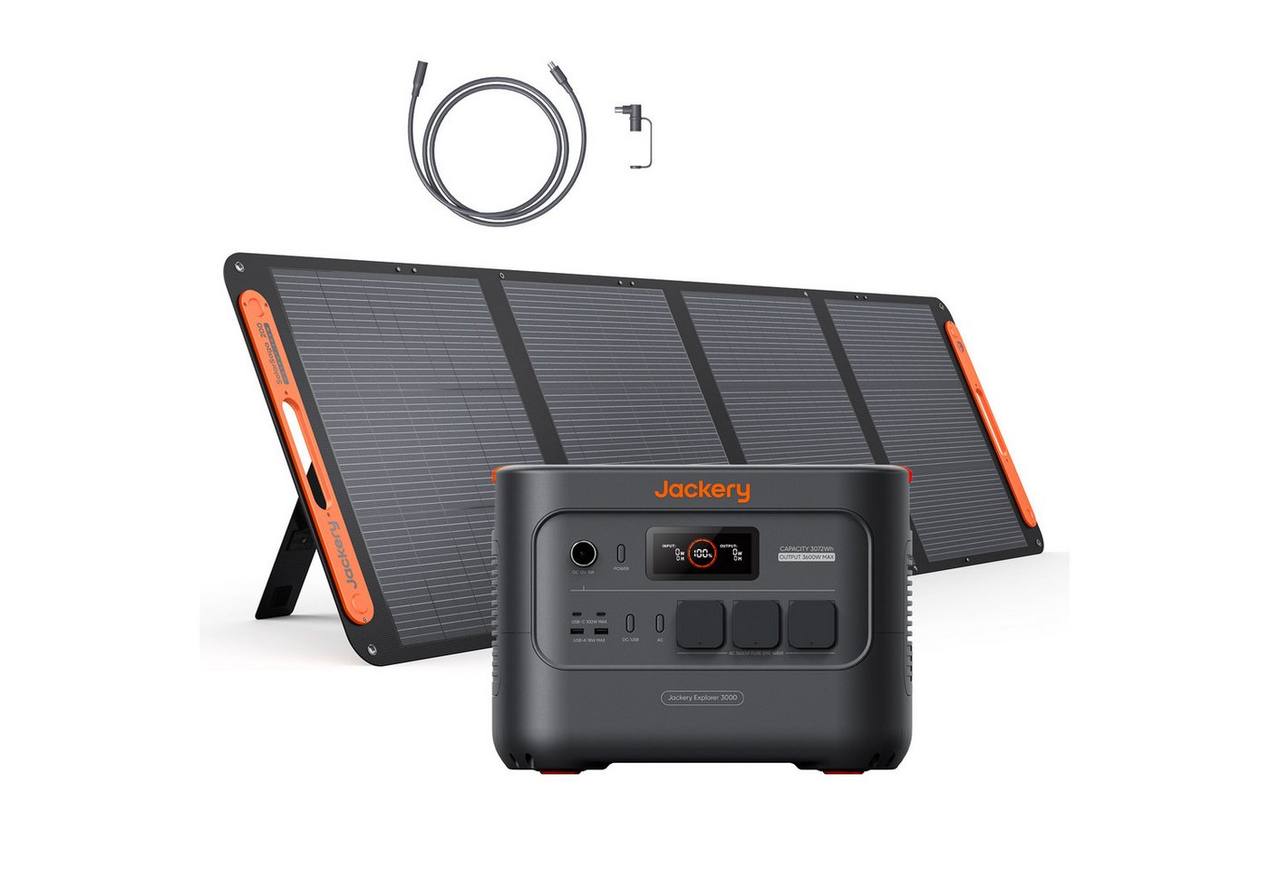 Jackery Stromerzeuger E3000 v2 mit 200W mit Kabel, 3072Wh/3600W tragbare Powerstation, 7,2 in kW, mit 5M Kabel für Notstrom, Camping, Wohnmobil & Haushalt