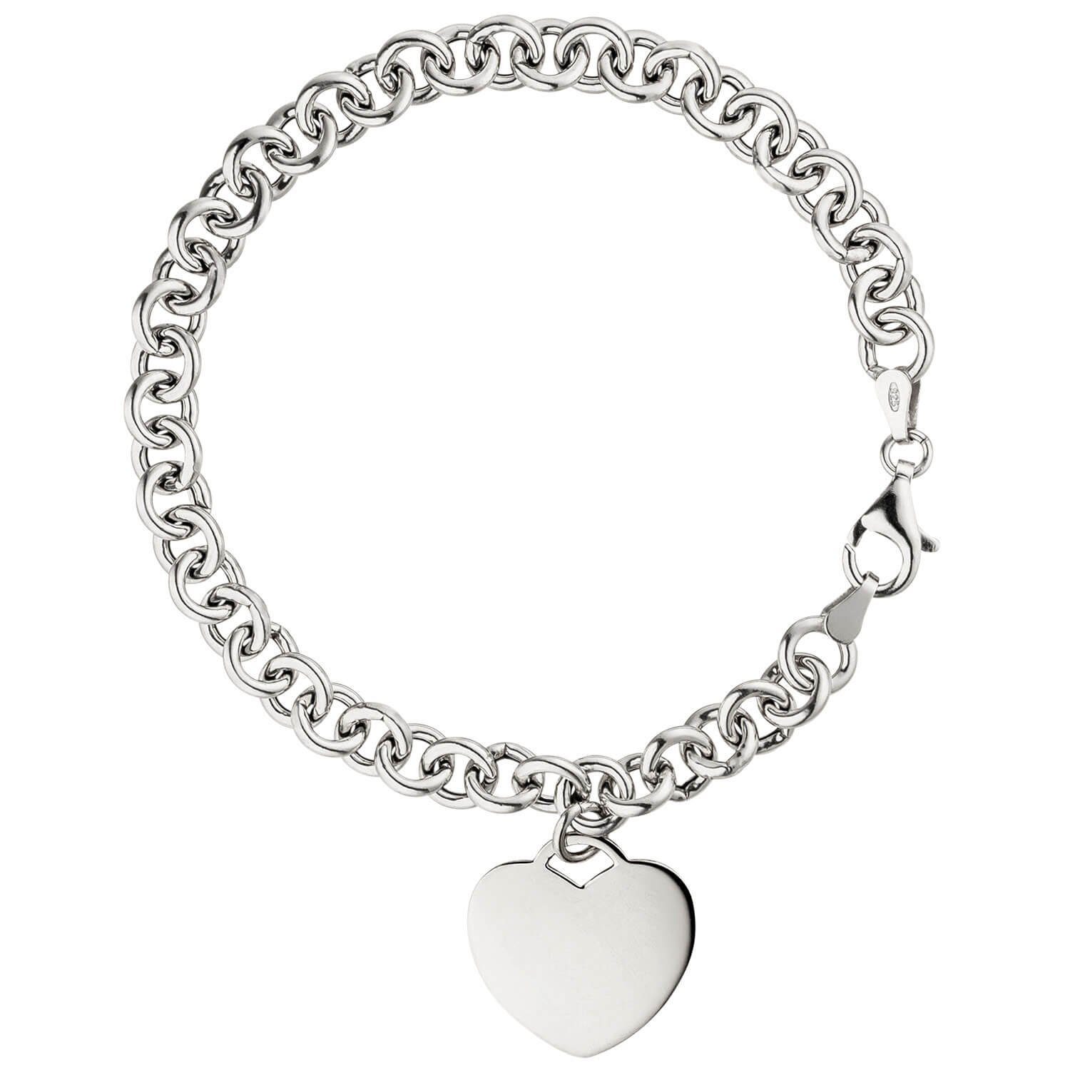 Schmuck Krone Silberarmband 6,4mm Armband Erbsarmband mit Anhänger Herz Herzchen 925 Silber rhodiniert, 19cm