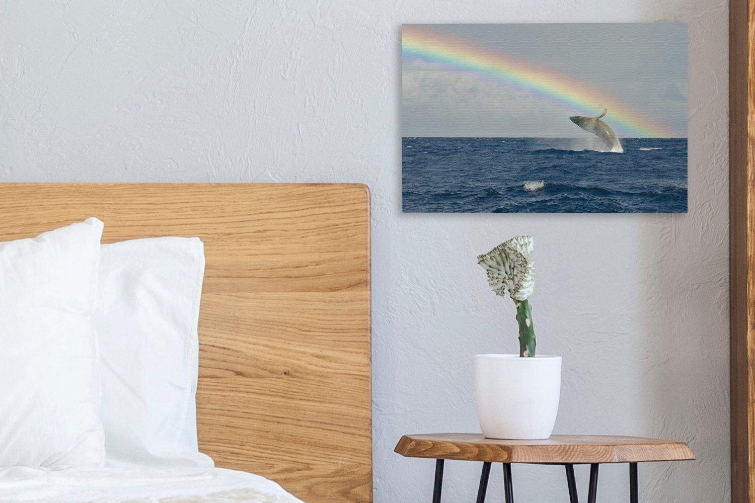 Leinwandbilder, (1 springt dem Wasser, Wanddeko, Wandbild 30x20 unter aus Aufhängefertig, St), Leinwandbild Buckelwal OneMillionCanvasses® einem Ein Regenbogen cm