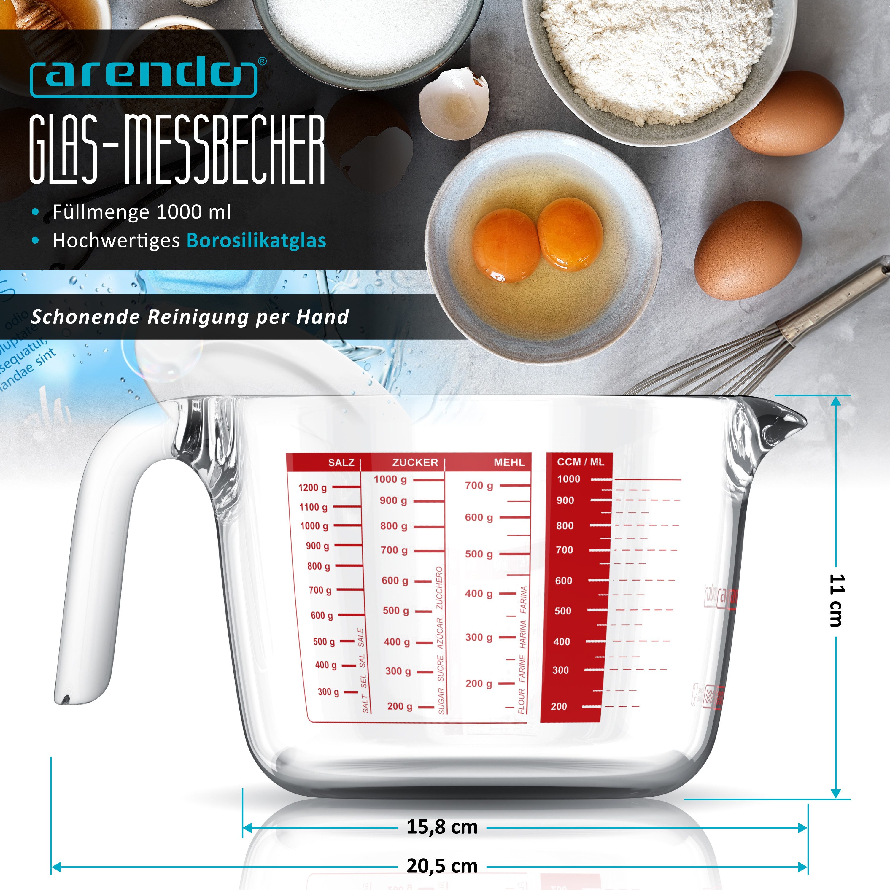 Arendo Messbecher 1 l Glas Messkrug Set mit Deckel, Borosilikatglas, hitzebeständig, Glas, präzise Skala, hitzebeständig, mikrowellengeeignet, 1000 ml