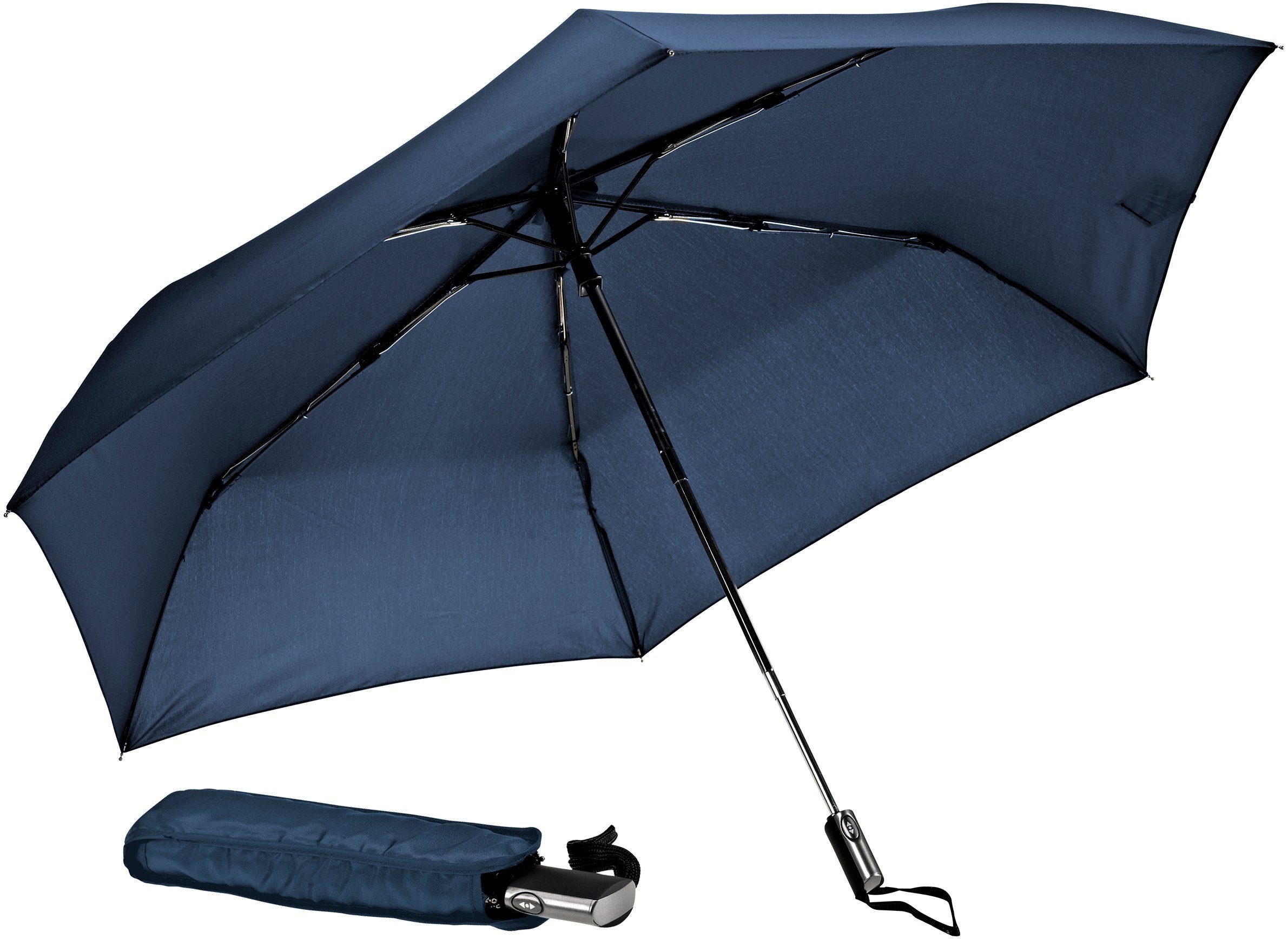 EuroSCHIRM® Taschenregenschirm flach 3224, extra Automatik leicht und marineblau