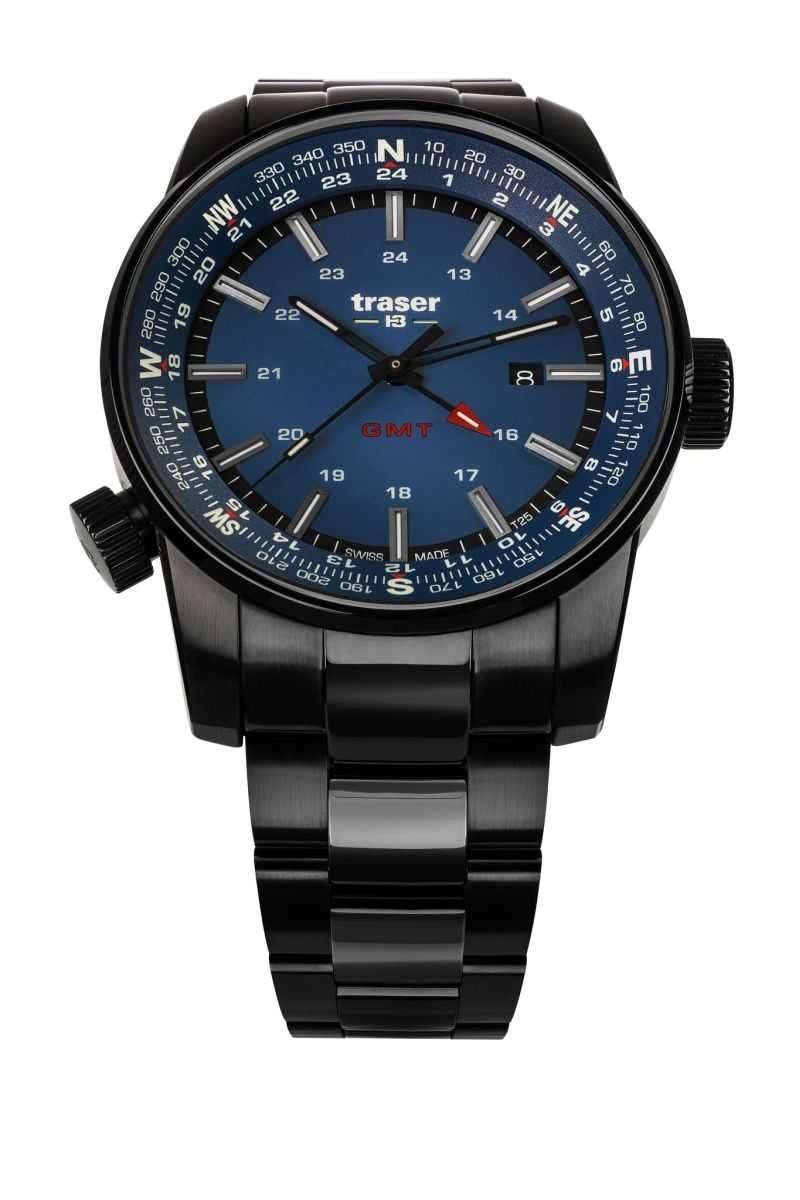 Traser Quarzuhr P68 Pathfinder GMT Blau Herrenuhr 109524 Edelstahlband 46 mm, mit trigalight® Selbstleucht-Technologie