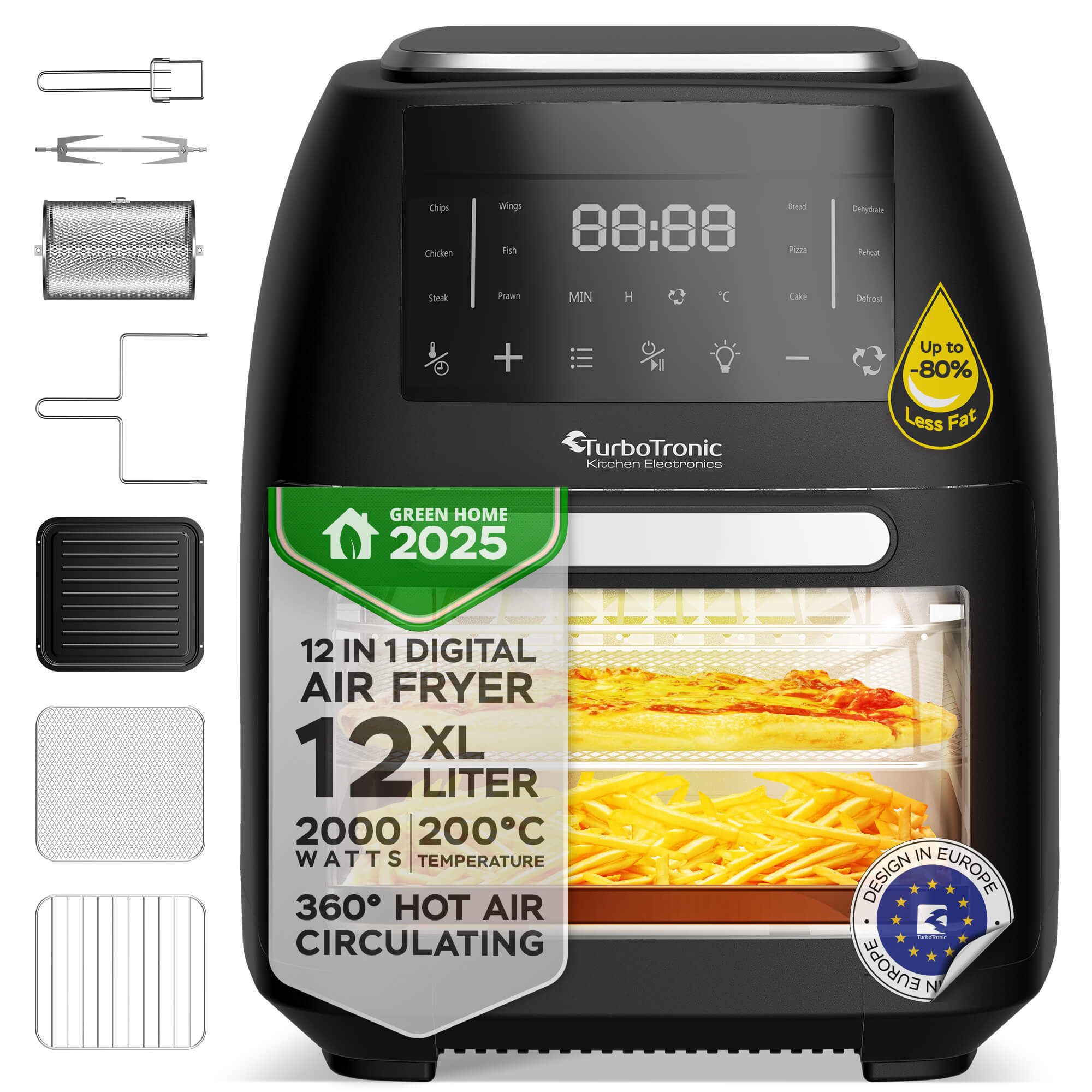 TurboTronic by Z-Line Heißluftfritteuse XXL 12L Digital 2000W mit Dörrfunktion & Drehspieß für ganzes Hähnchen, 2000 W, Airfryer mit Sichtfenster & Drehkorb 40–200°C 1kg Pommes