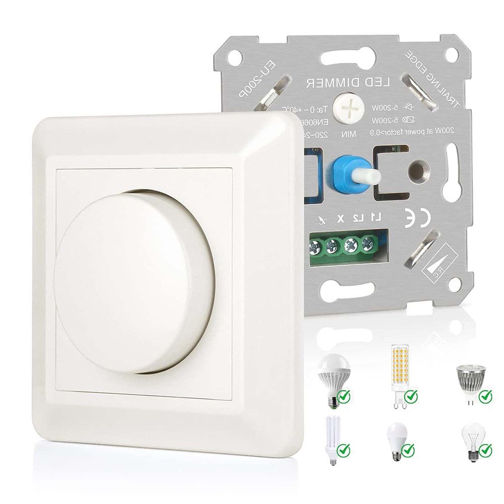 PRIISF Schalter Universal Drehdimmer Unterputz Phasenabschnitt LED Dimmer Dimmschalter (Dimmer Schalter für dimmbare LED Lampen Glühlampe Sparlampen Halogen, 5-200W Universaldimmer Lichtschalter mit Unterputzdose & Abdeckung), komp. mit Busch-Jäger, GIRA, Berker, Jung, Kopp, Legrand, Merten usw