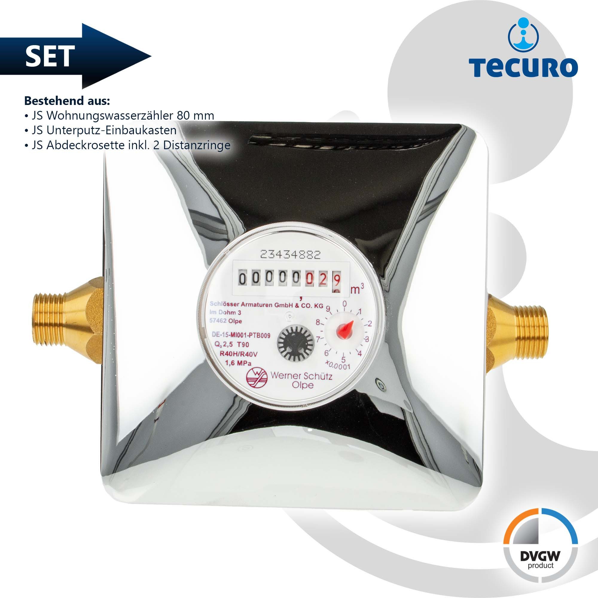 tecuro Wasserzähler Unterputz Einstrahlzähler System ETK Komplett-SET, Länge 80 mm, (Komplett-Set)