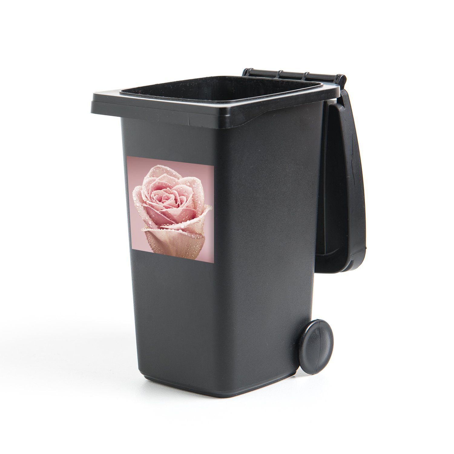 MuchoWow Wandsticker Tautropfen auf einer einzelnen rosa Rose (1 St), Mülleimer-aufkleber, Mülltonne, Sticker, Container, Abfalbehälter