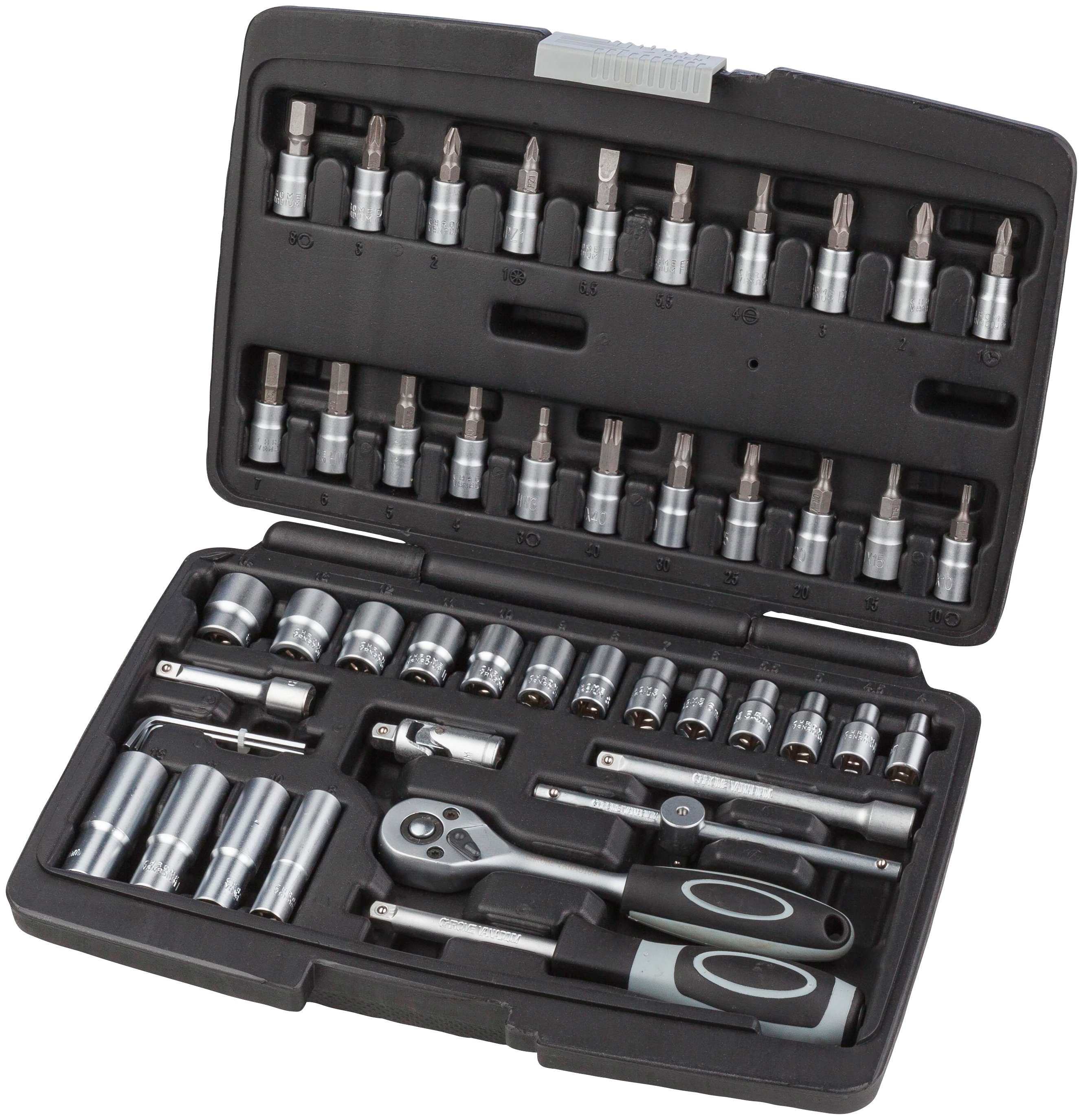 PLUS 47-St., Kunststoffkoffer Stahl, 1/4" BASIC Stecknüsse Set, im Chrom-Vanadium Steckschlüssel-Garnitur, WGB