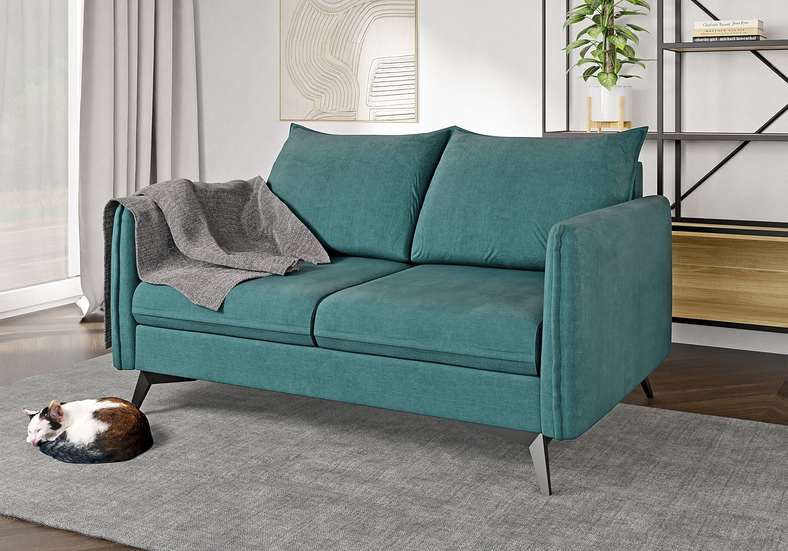 Modernes Sofa S-Style Wellenfederung Möbel Füßen, Schwarz Azalea Türkis mit mit 2-Sitzer Metall